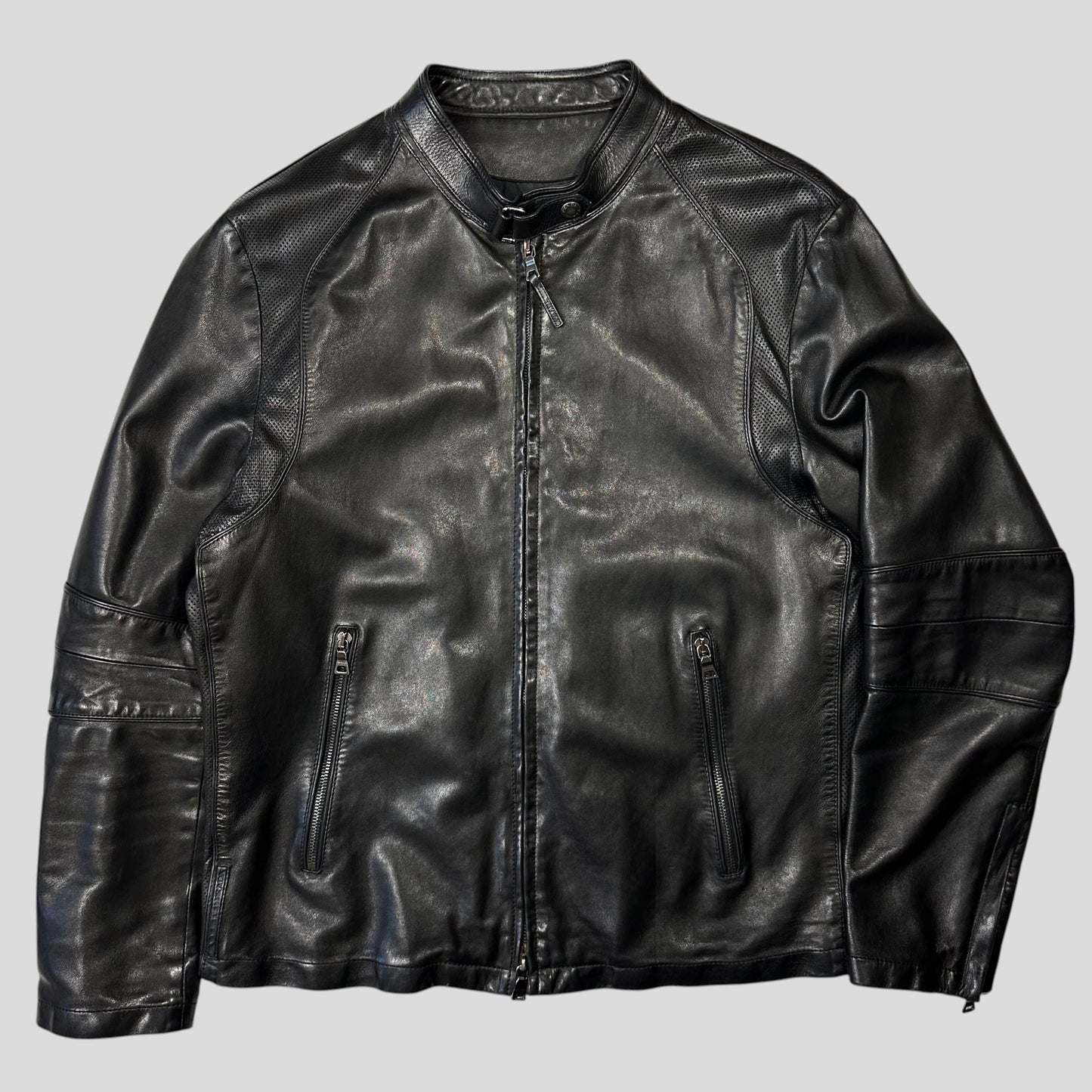 Prada Sport 2006 Leather Perforated Café Racer Logo Jacket - M
