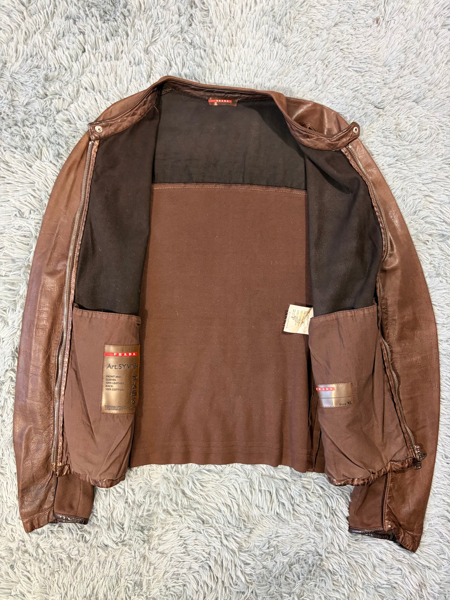 Prada Sport 2004 Brown Leather + Cotton Panelled Biker Jacket - L