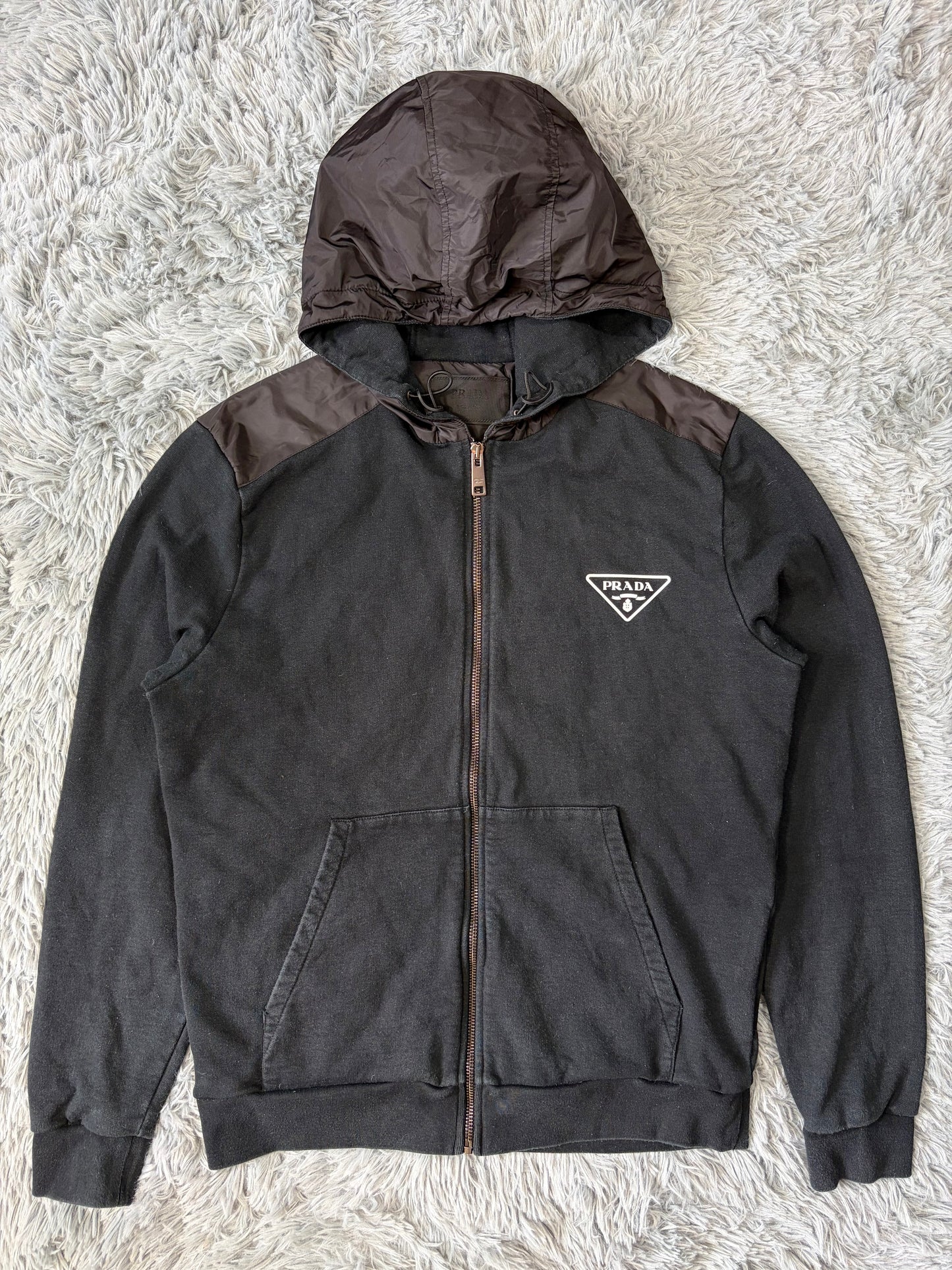 Prada 2022 Triangle Graphic Logo Nylon Panelled Hoodie Jacket - M