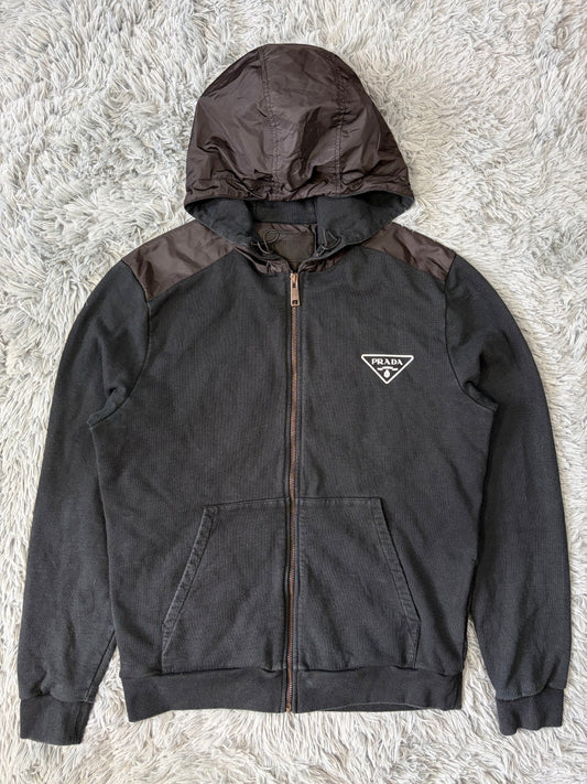 Prada 2022 Triangle Graphic Logo Nylon Panelled Hoodie Jacket - M