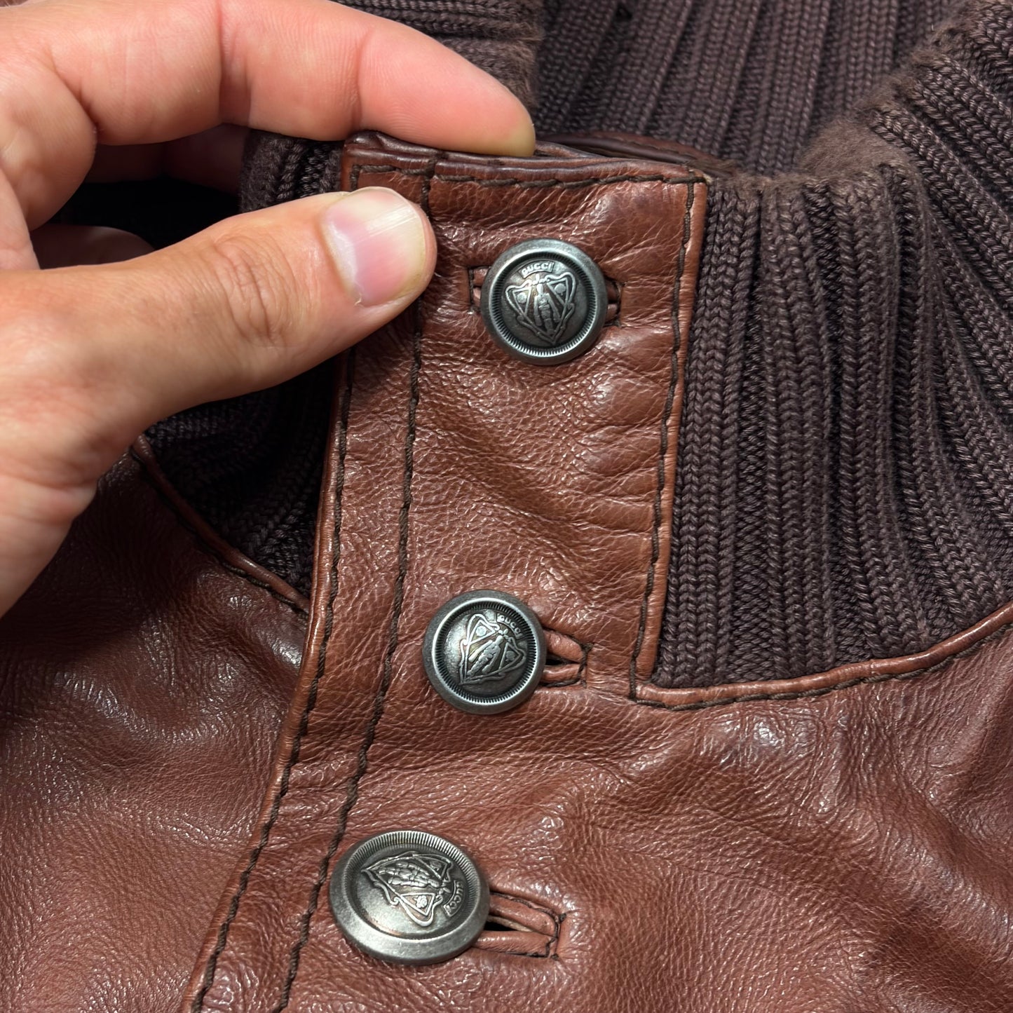 Gucci 2006 Madonna Cognac Leather Crest Button Bomber Jacket - L