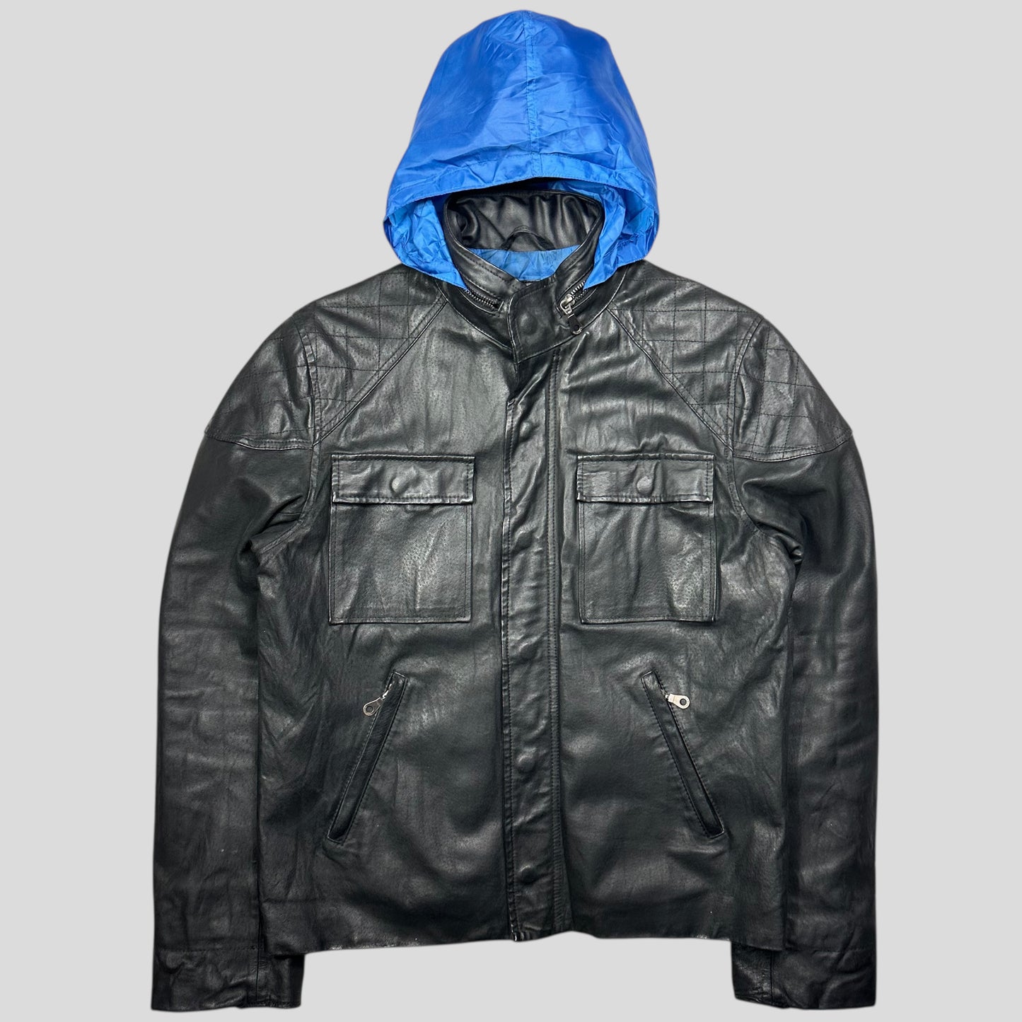 Kathrine Hamnet 00’s Nylon Hood Quilted Leather Moto Jacket - M