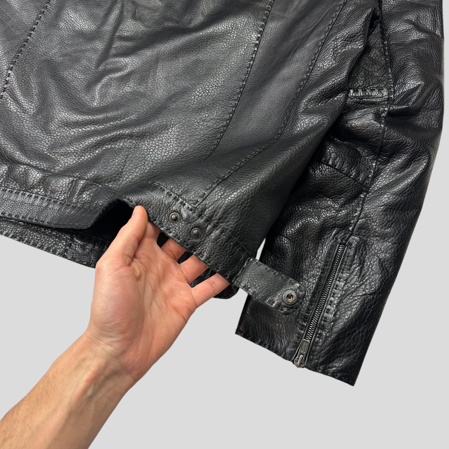 Fendi FF Textured Leather Exaggerated Stitch Moto Jacket - L