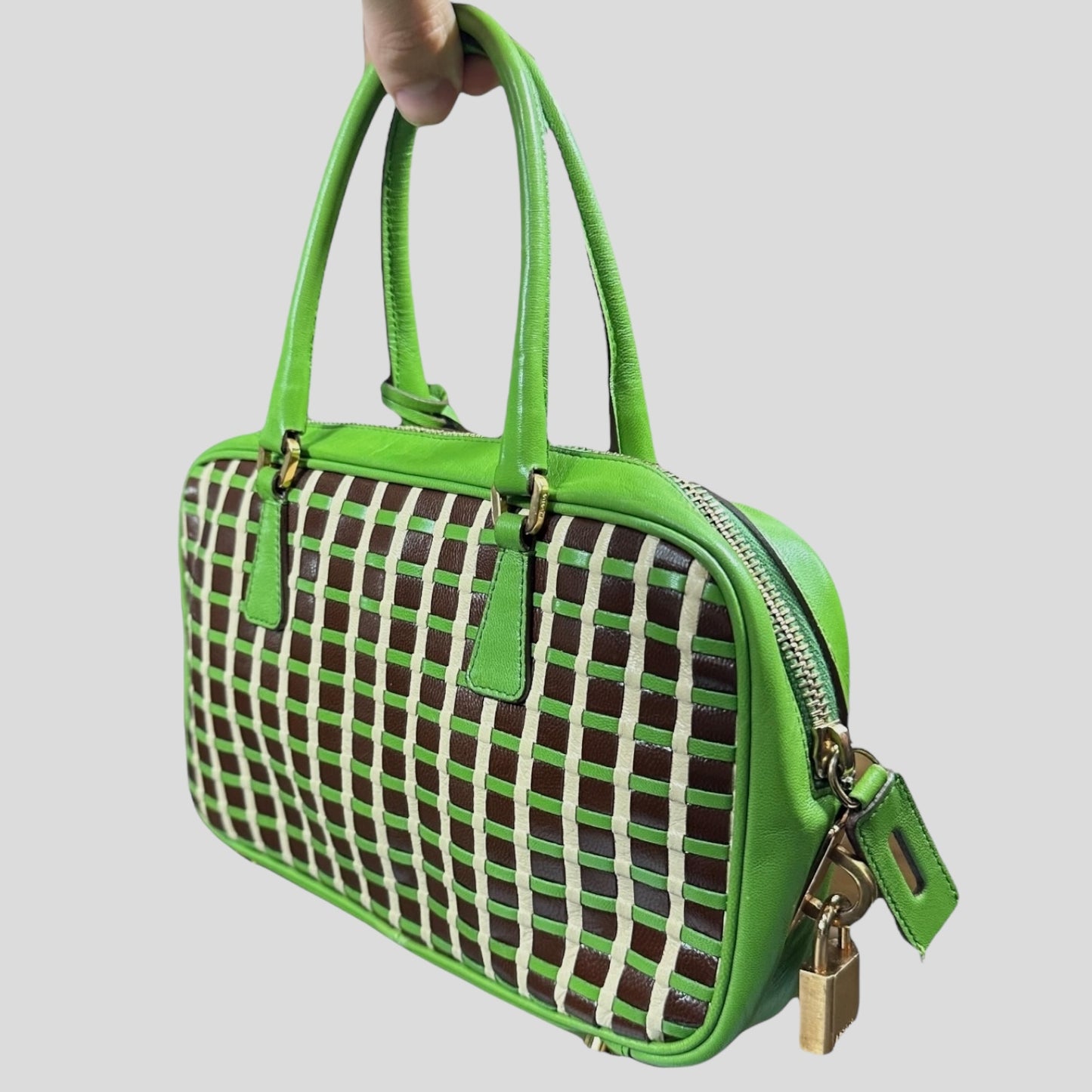 Prada 2001 Mini Top Handle Leather Woven Bag + Cards & Dustbag