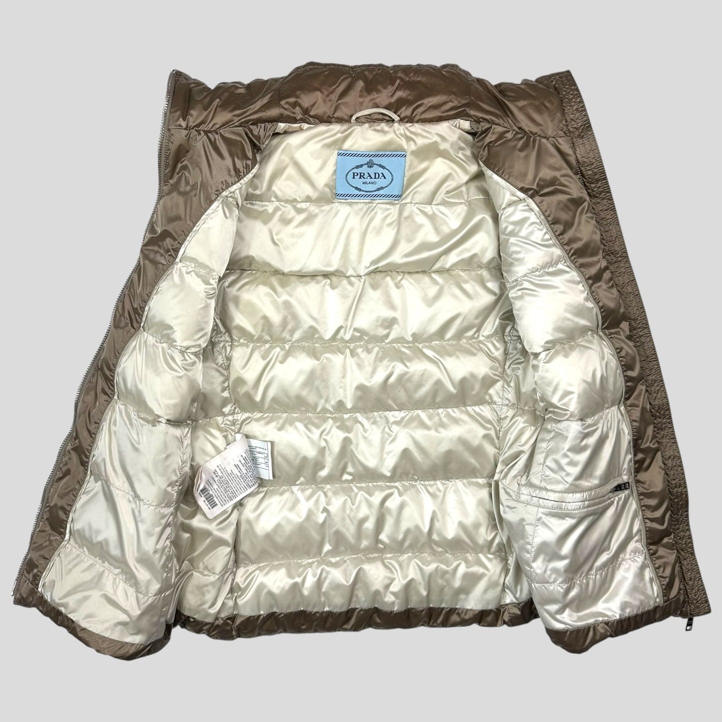 Prada Milano 2017 Satin Champagne Nylon Down Logo Gilet - IT40 (UK8)