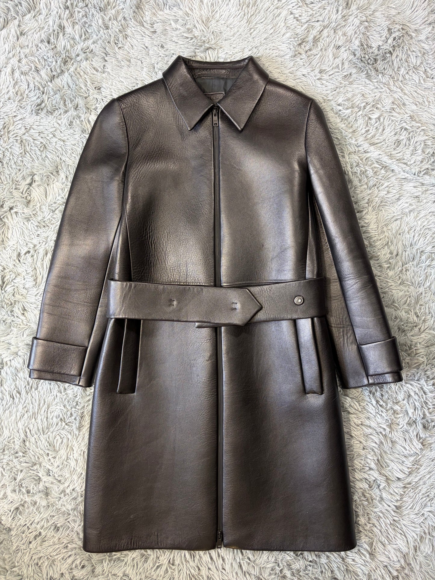 Prada 2018 Race Logo Leather Belted Trench Coat - IT40