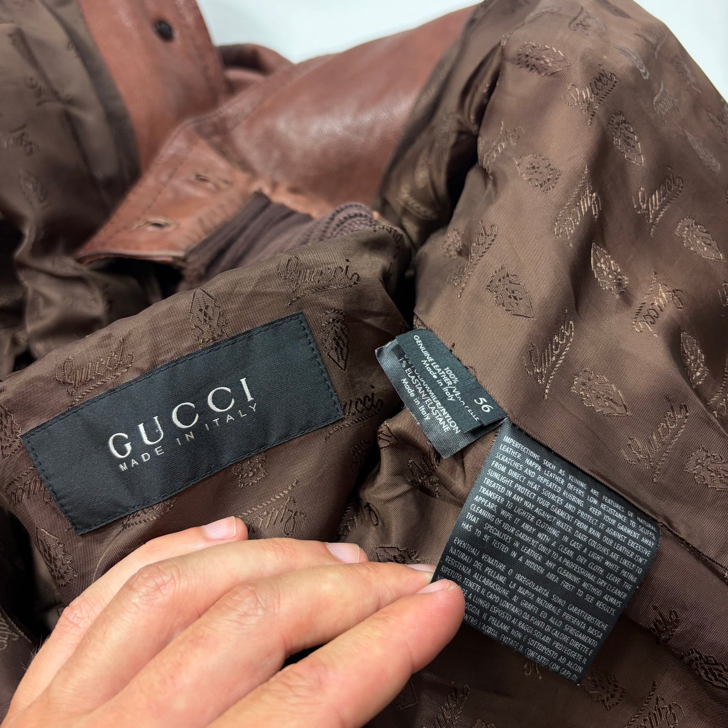 Gucci 2006 Madonna Cognac Leather Crest Button Bomber Jacket - L