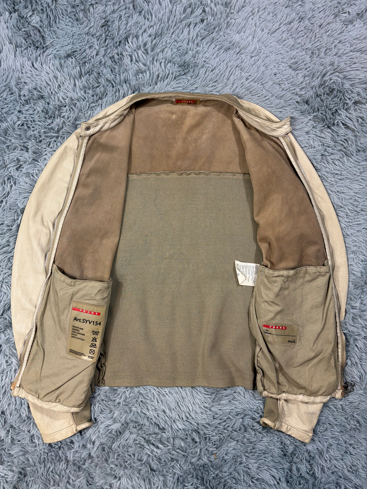 Prada Sport 2004 Cream Leather + Cotton Panelled Biker Jacket - M