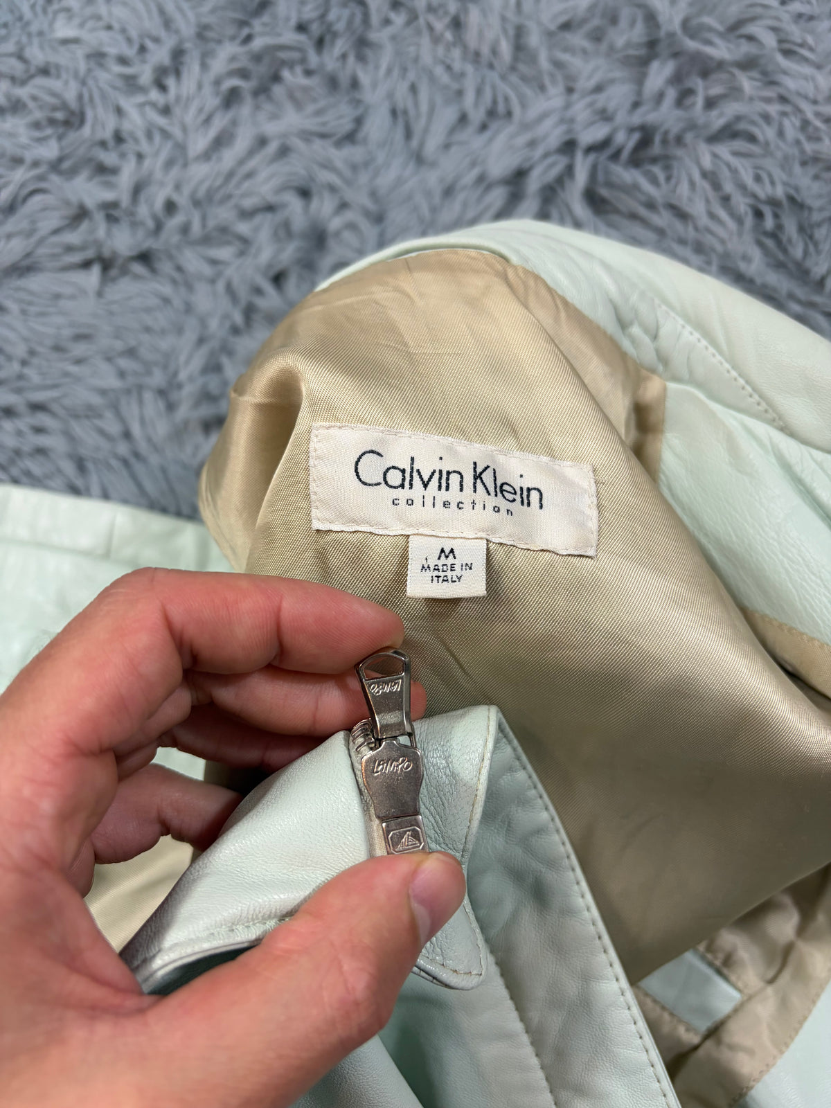 Calvin Klein Collection 00’s Mint Green Leather Fitted Trucker Jacket - M