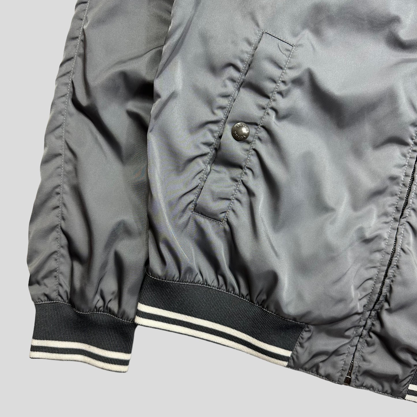 Prada Milano 2014 Metallic Grey Nylon Bomber Jacket - IT50