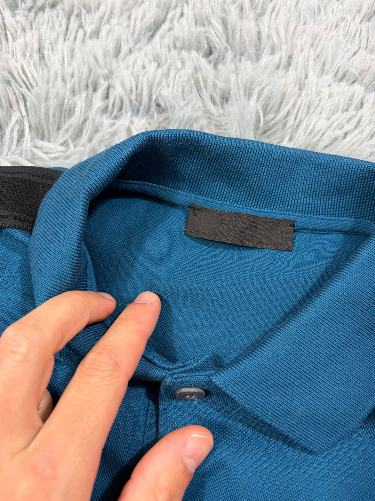 Prada 2020 Big Spellout Logo Teal Blue Taped Polo Shirt - M