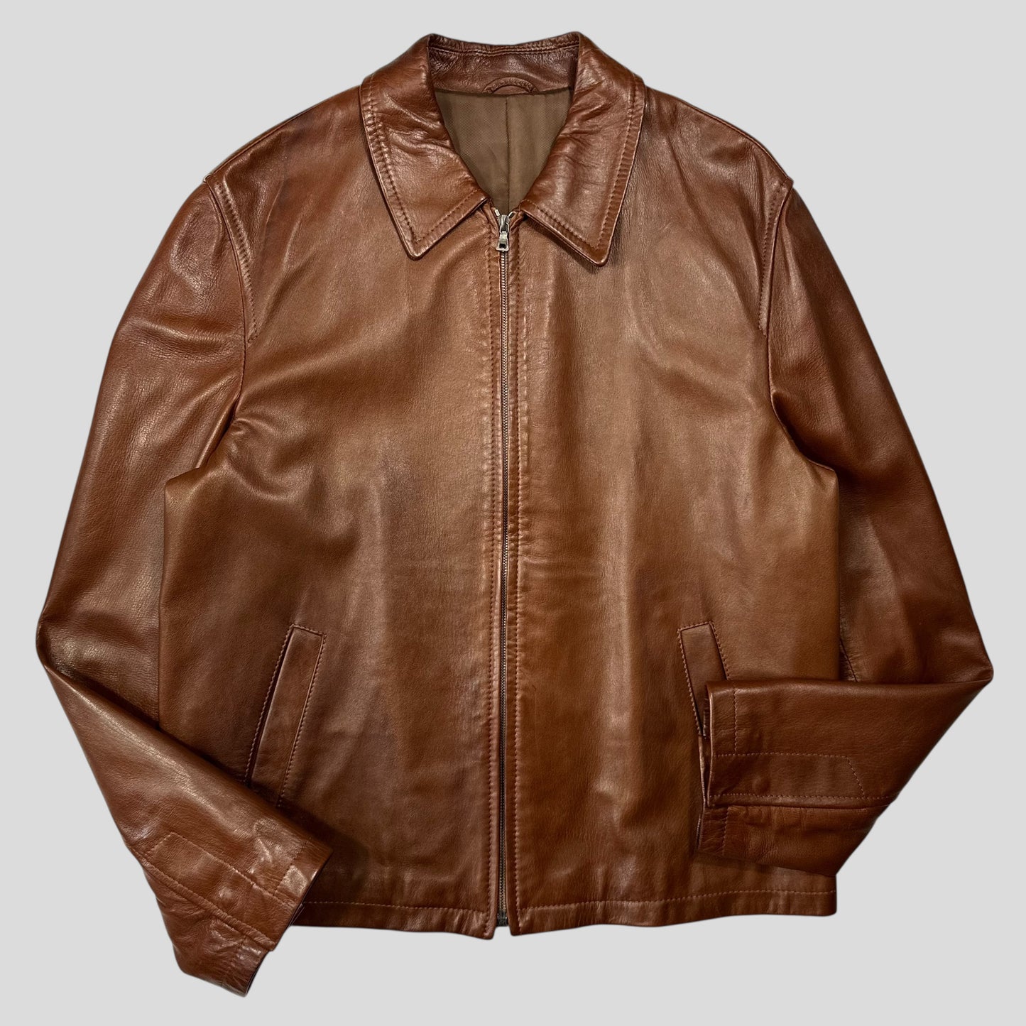 Prada Milano FW98 Whiskey Leather Nylon Lined Zip Work Jacket - IT50