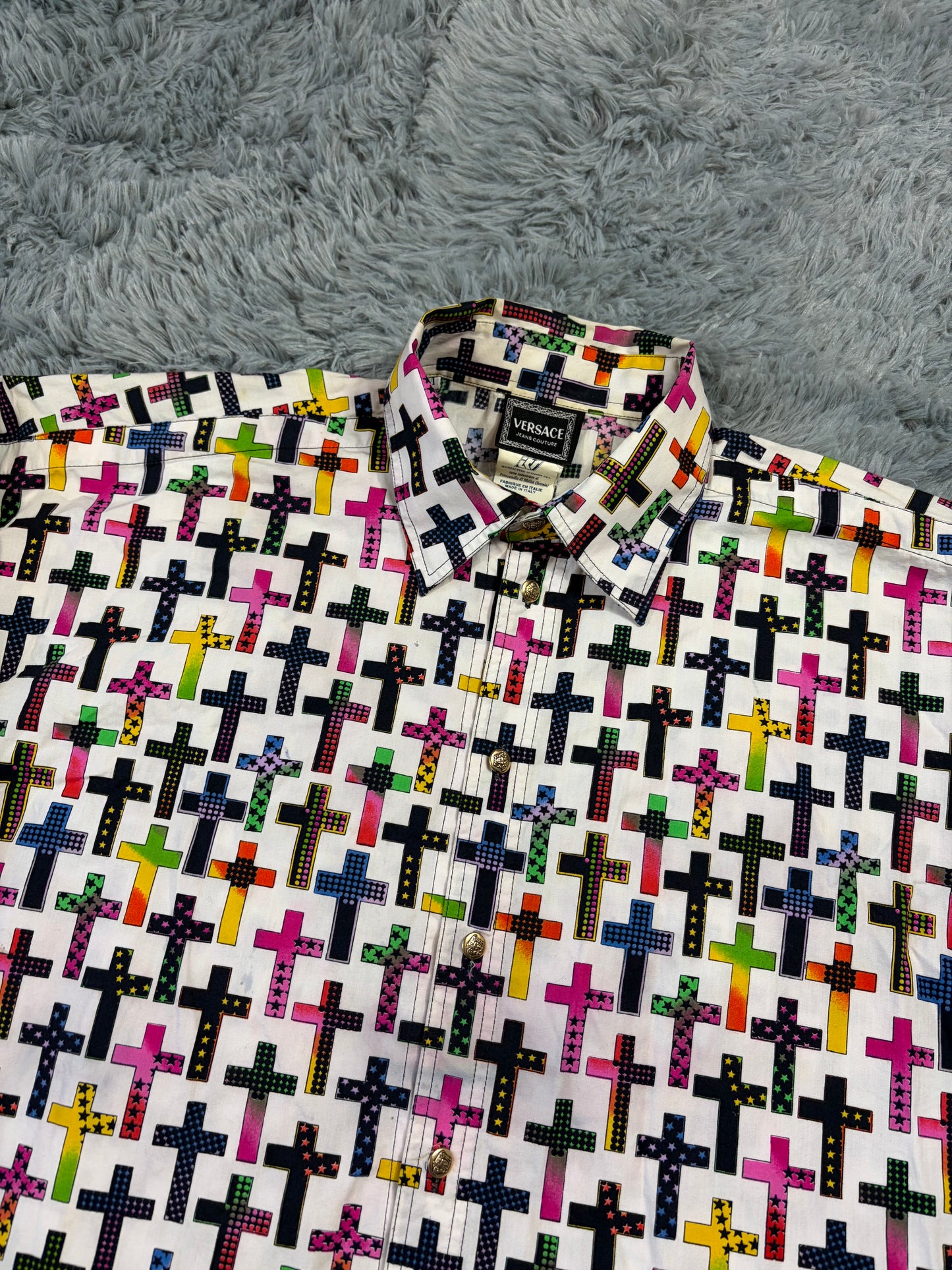 Versace VJC 90’s Rainbow Crosses Medusa Button Shirt - M (L/XL)