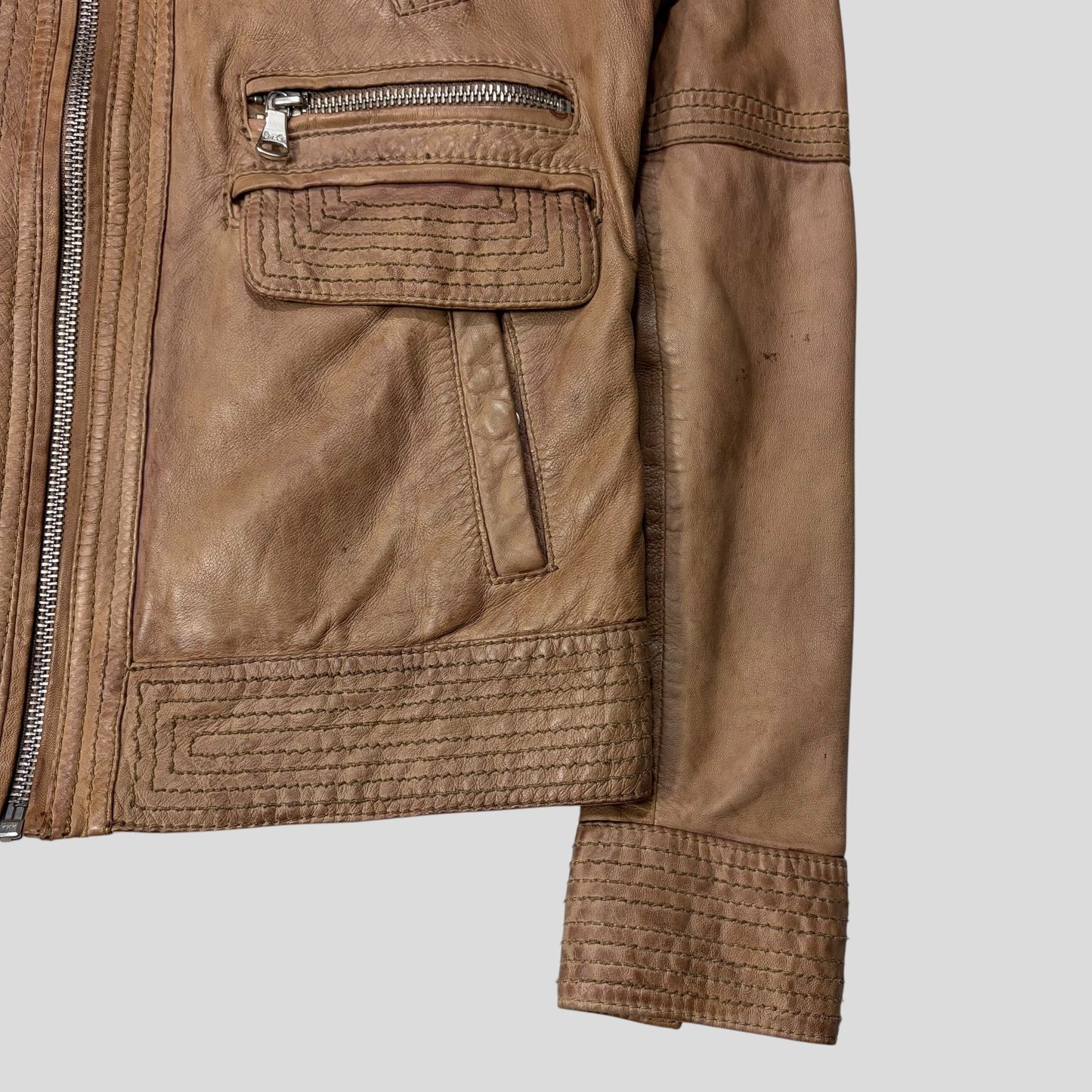 Dolce & Gabanna 2011 Antique Effect Leather Cargo Biker Jacket - M