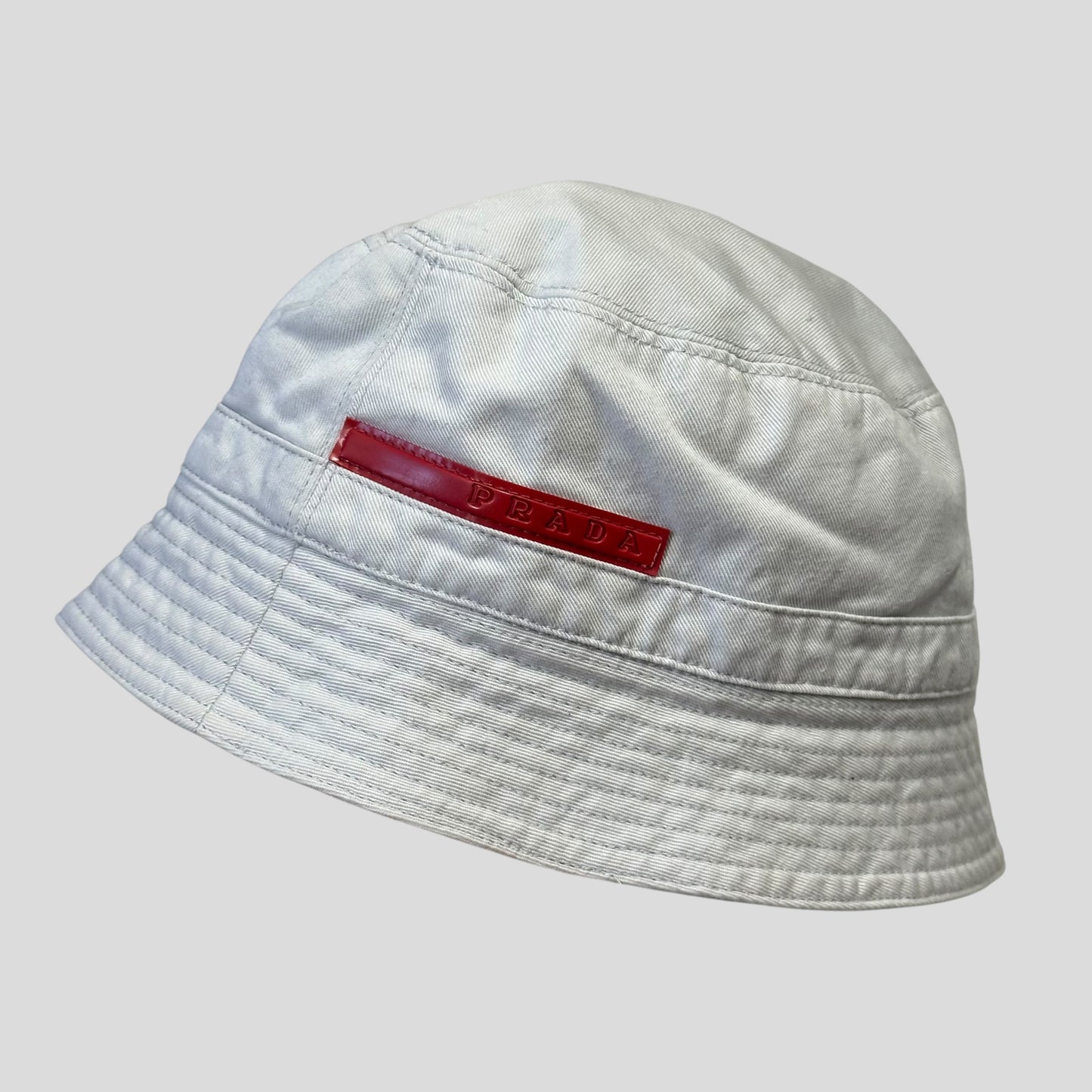 Prada Sport 1999 White Cotton Red Rubber Tab Bucket Hat - M
