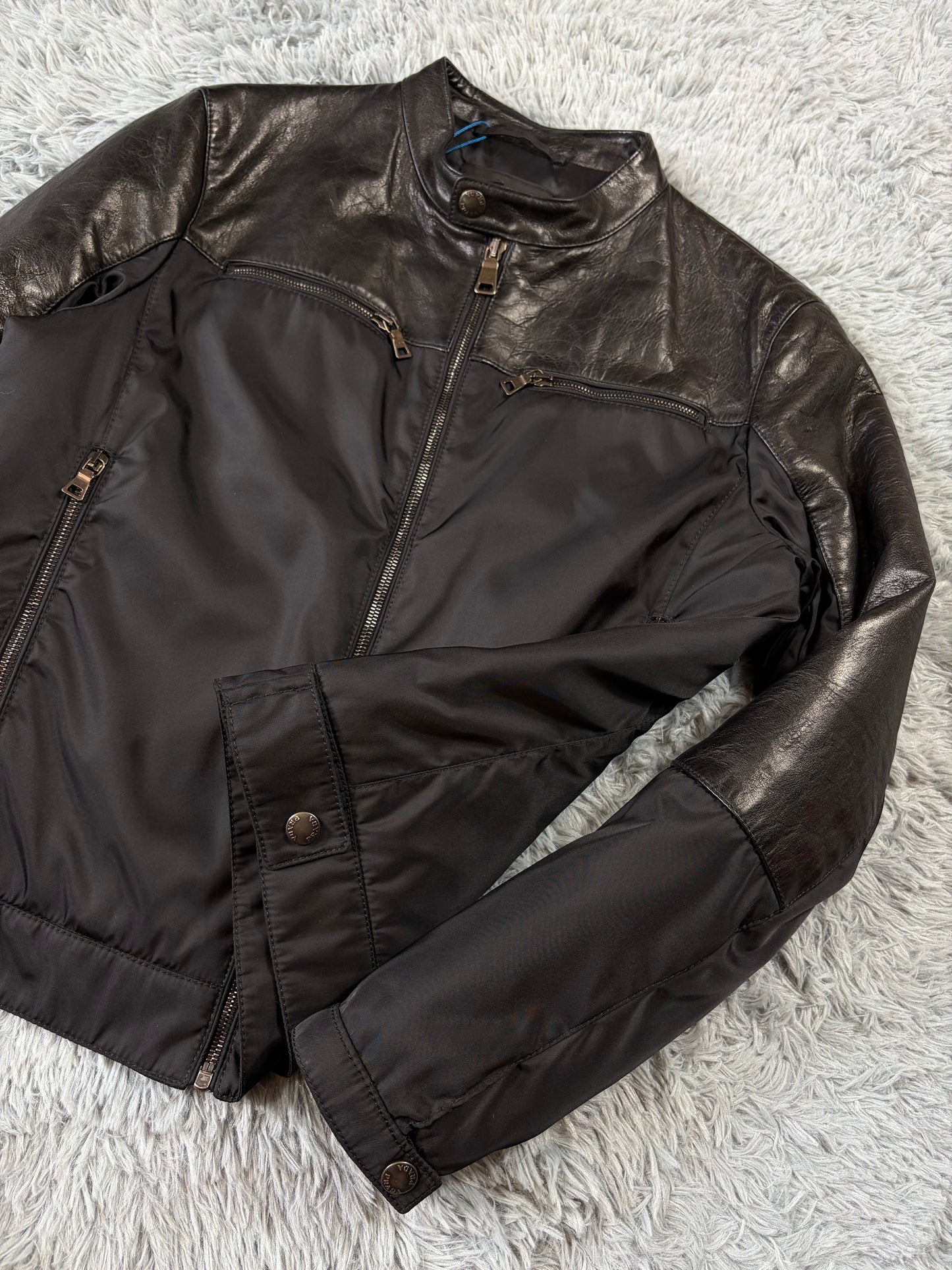 Prada Milano 2011 Gabardine Nylon Leather Hybrid Biker Jacket - S/M