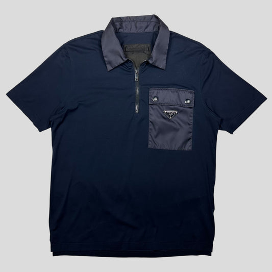 Prada 2019 Nylon Pocket Plaque Logo 1/4 Zip Shirt - M