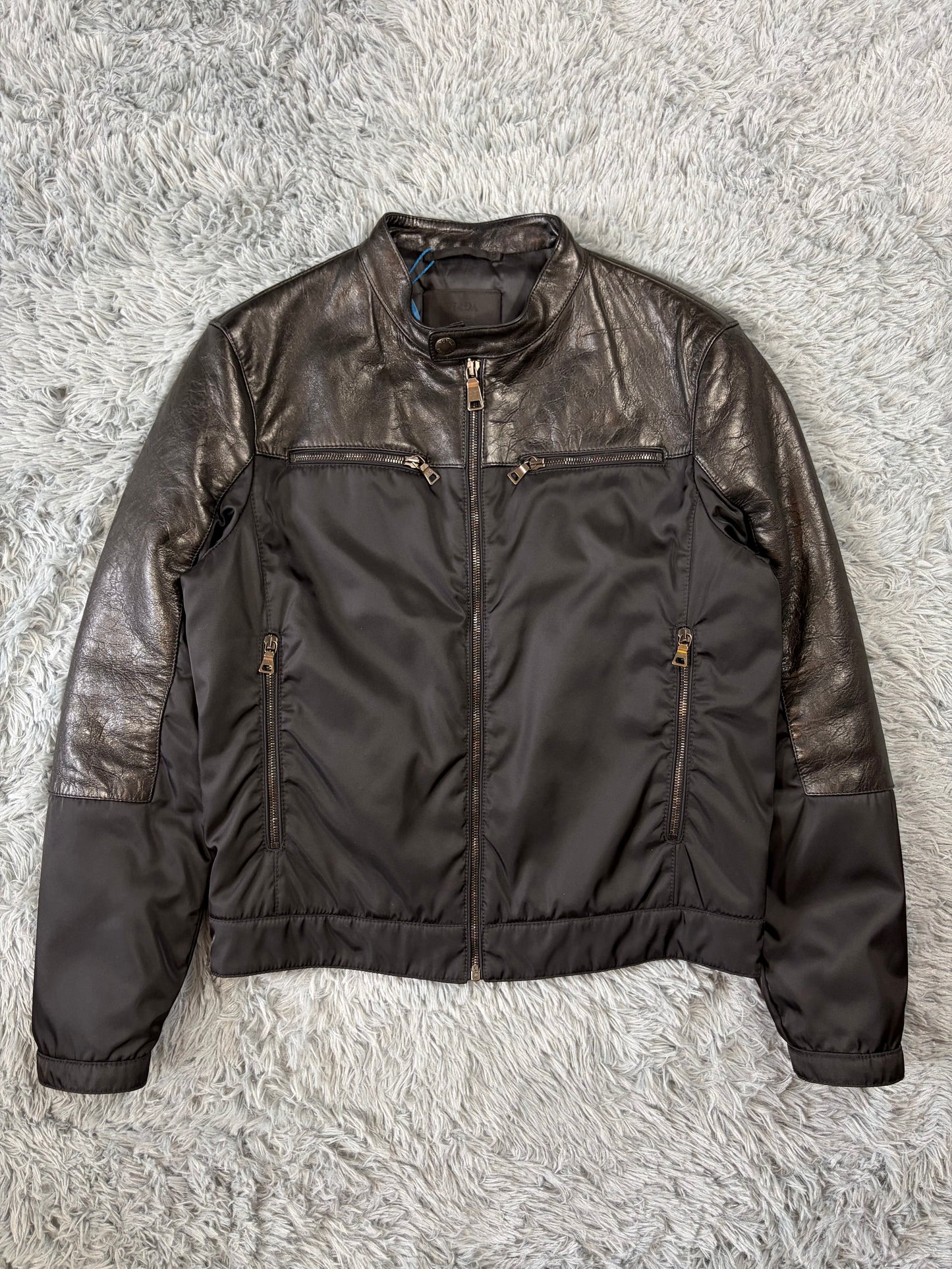 Prada Milano 2011 Gabardine Nylon Leather Hybrid Biker Jacket - S/M