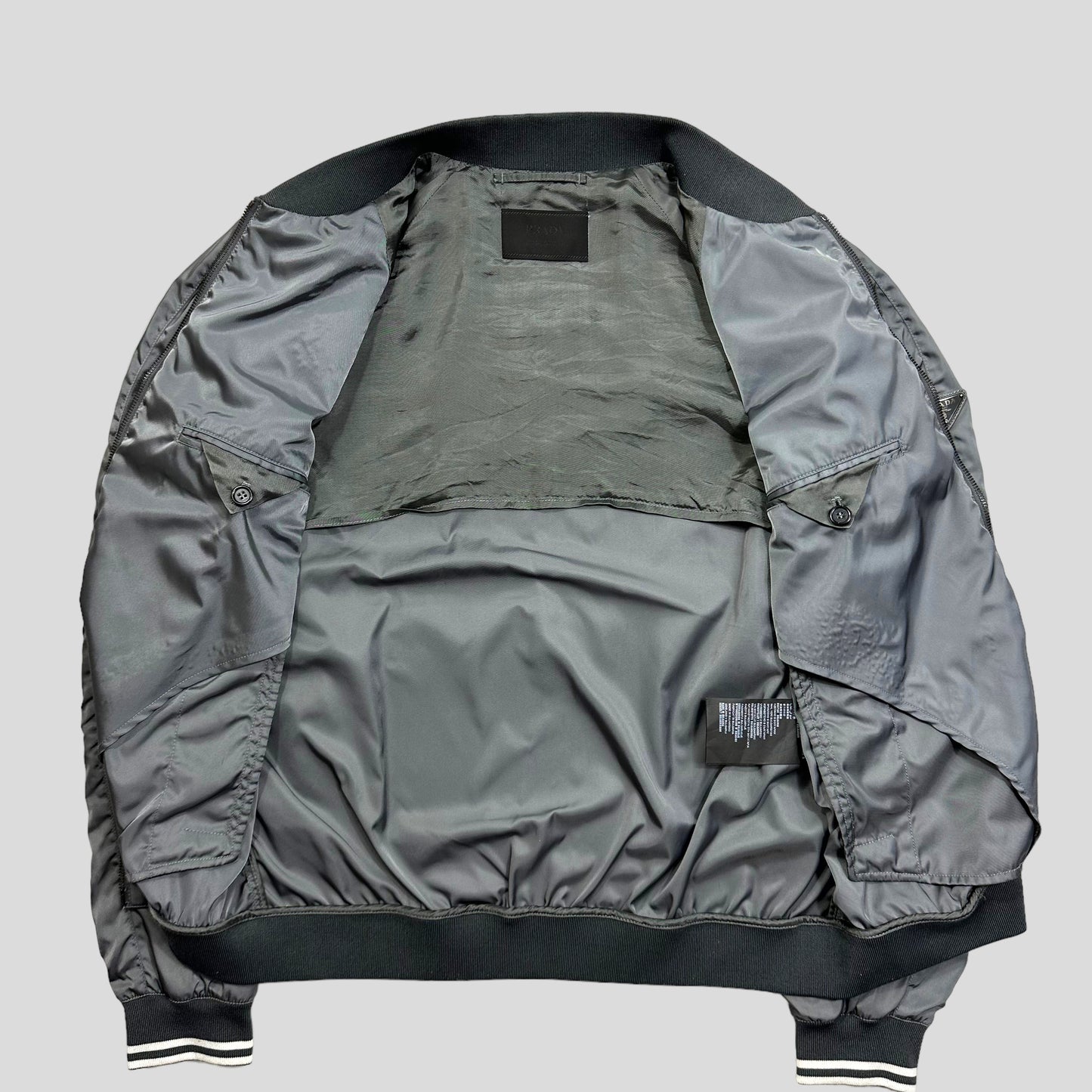 Prada Milano 2014 Metallic Grey Nylon Bomber Jacket - IT50