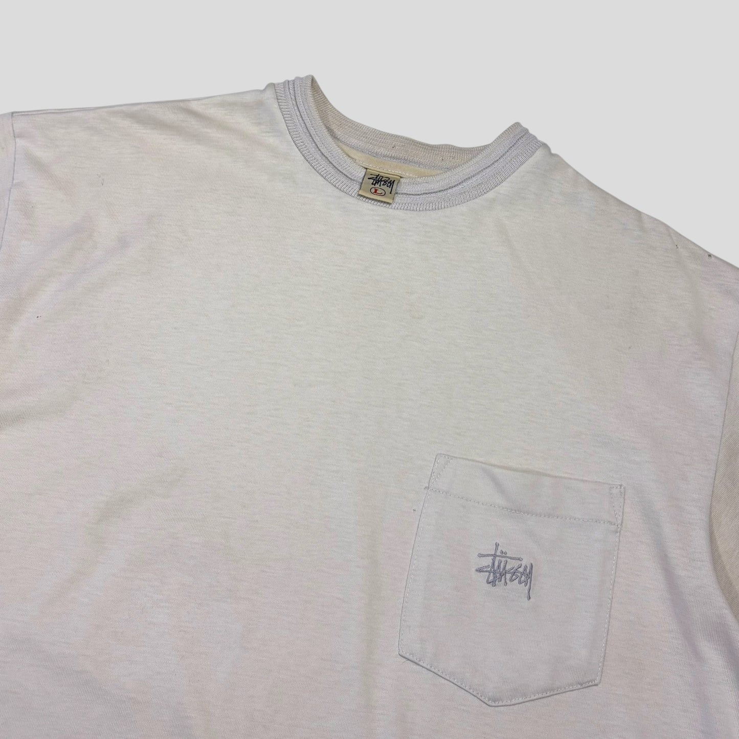 Stussy 90’s Cream Heavy Tom Tom White Tag Pocket Logo T-shirt - L/XL