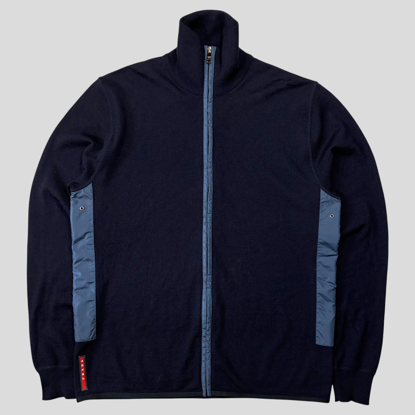 Prada Milano 2017 Nylon Panelled Red Tab Logo Knit Cardigan - IT52