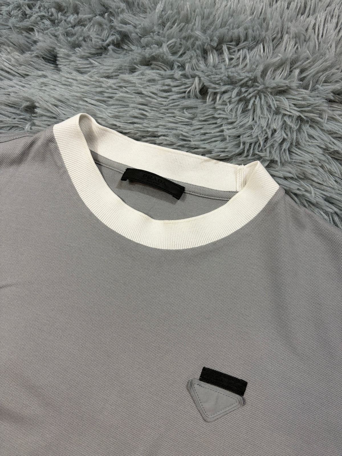 Prada 2017 Double Logo Grey Bi-colour Pique Cotton T-Shirt - M