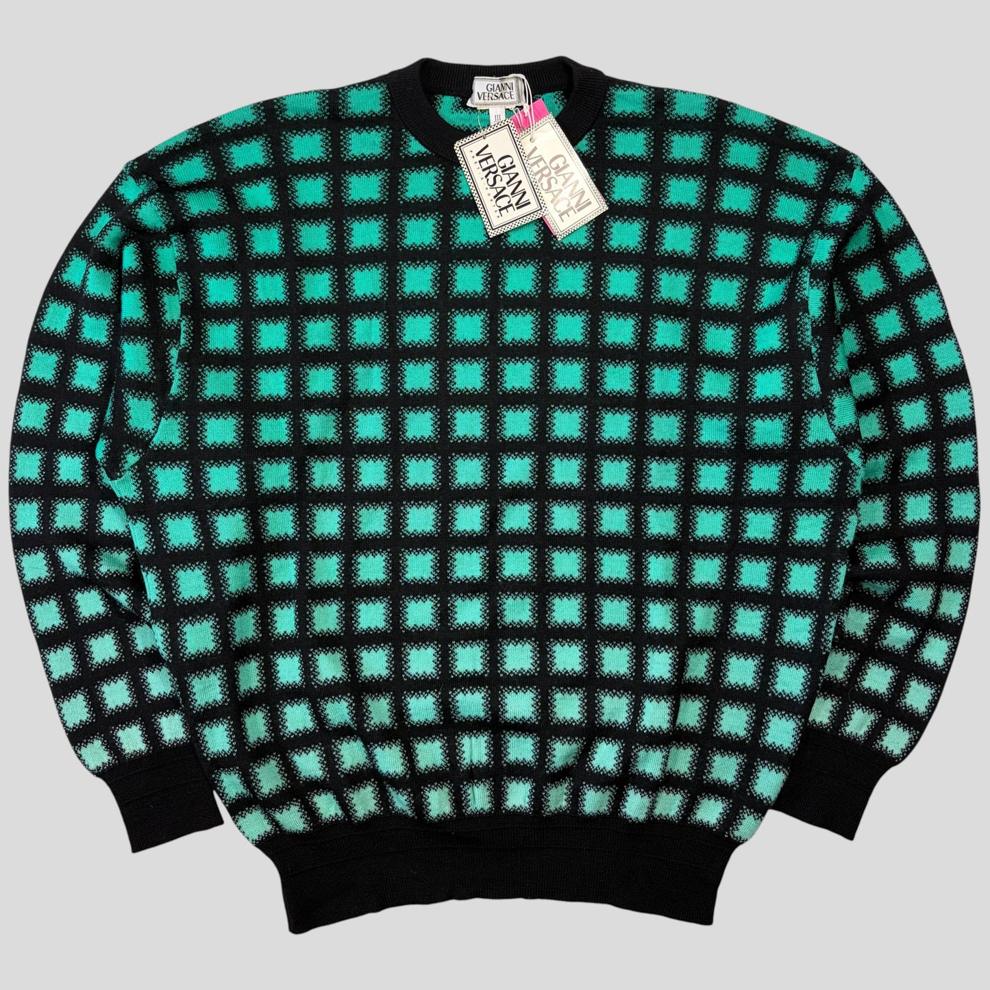 Gianni Versace 1991 Gradient Grid Graphic Knitted Wool Jumper - M/L