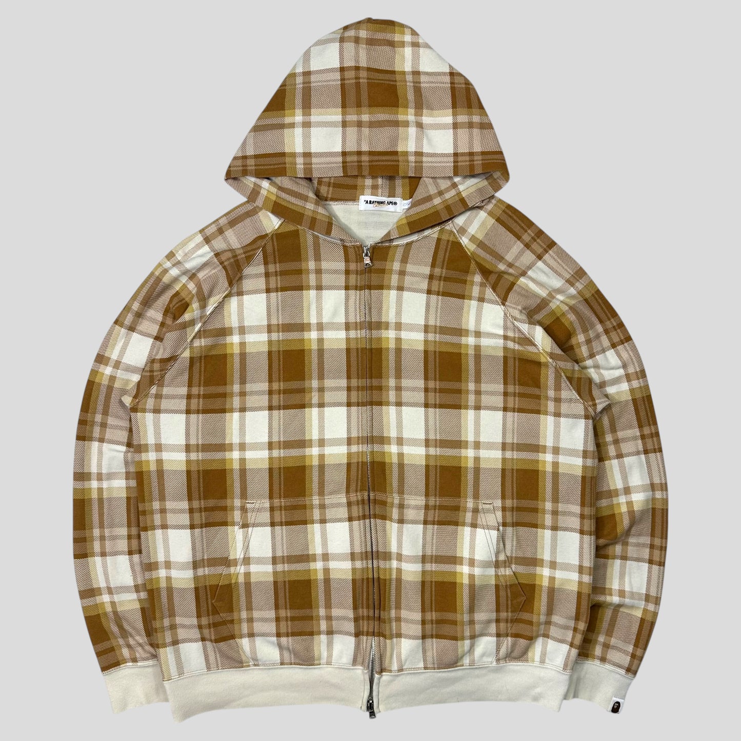 Bape 00’s Plaid Tartan Caramel Latte Cotton Zip-up Hoodie - L