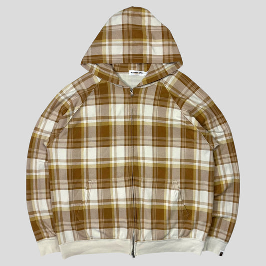Bape 00’s Plaid Tartan Caramel Latte Cotton Zip-up Hoodie - L