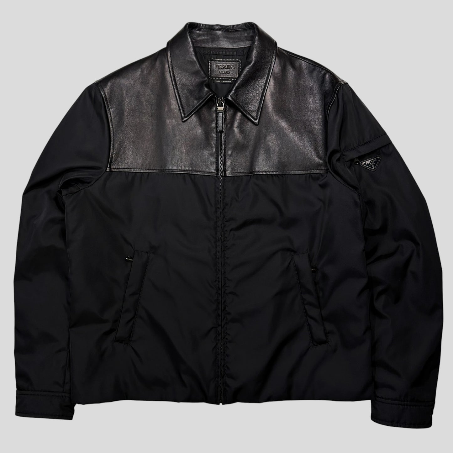 Prada 2013 Triangle Logo Gabardine Nylon & Leather Blouson Jacket - L/XL