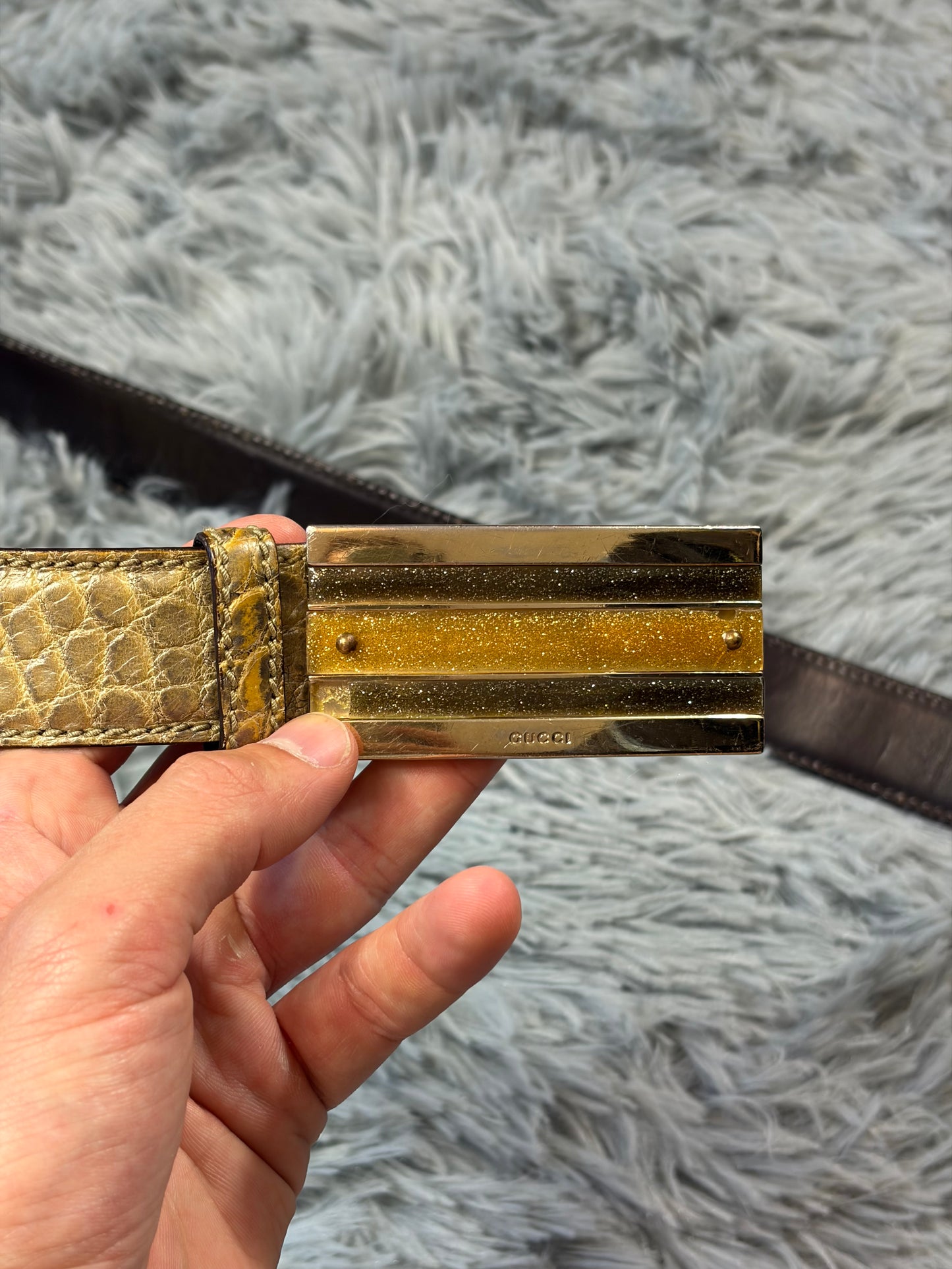 Gucci by Tom Ford 00’s Metallic Crocodile Leather Web Belt