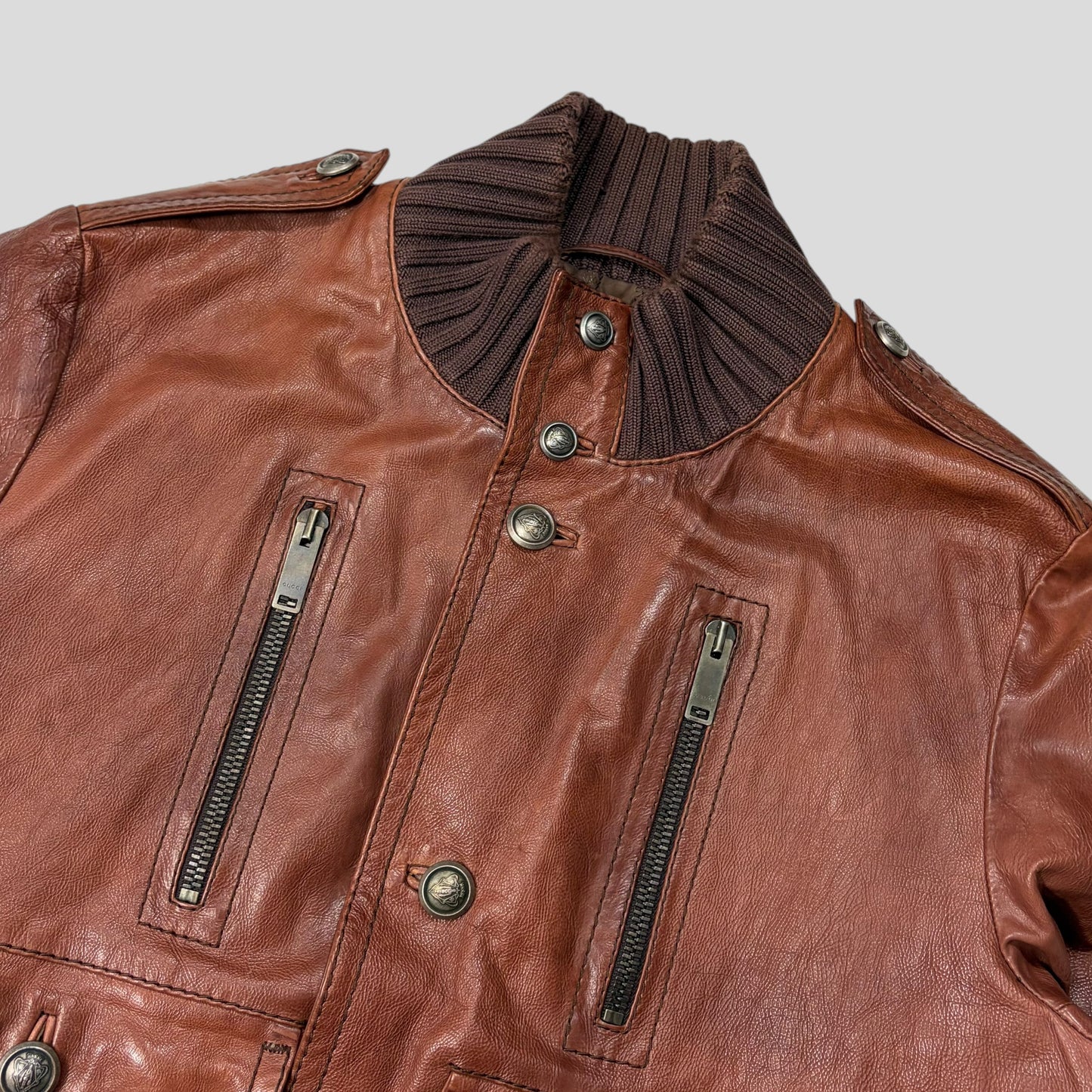 Gucci 2006 Madonna Cognac Leather Crest Button Bomber Jacket - L