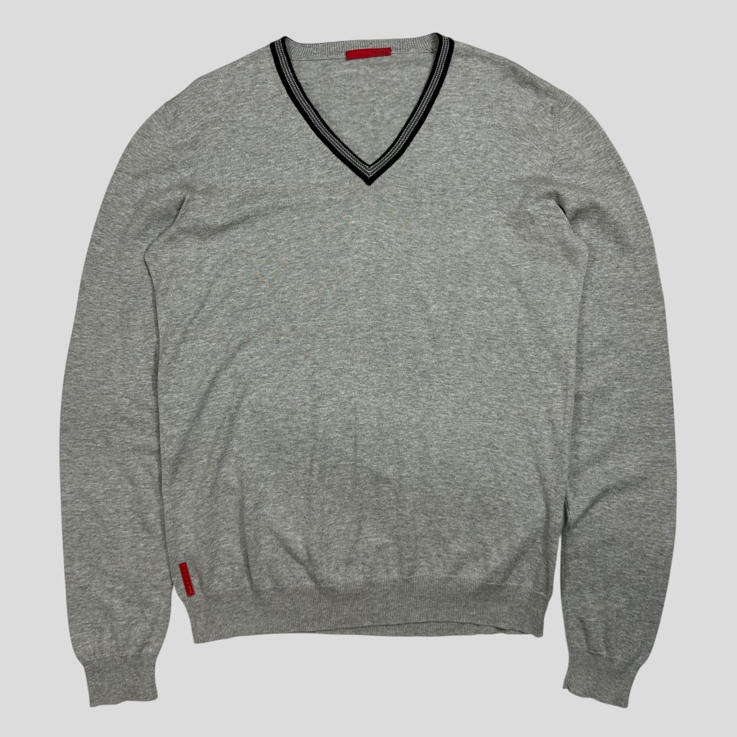 Prada Sport 2008 Red Logo Tab Rib Detail V-neck Knit Jumper - M