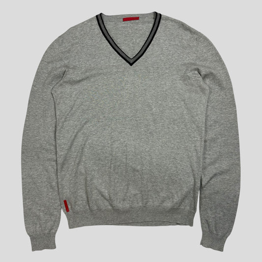 Prada Sport 2008 Red Logo Tab Rib Detail V-neck Knit Jumper - M