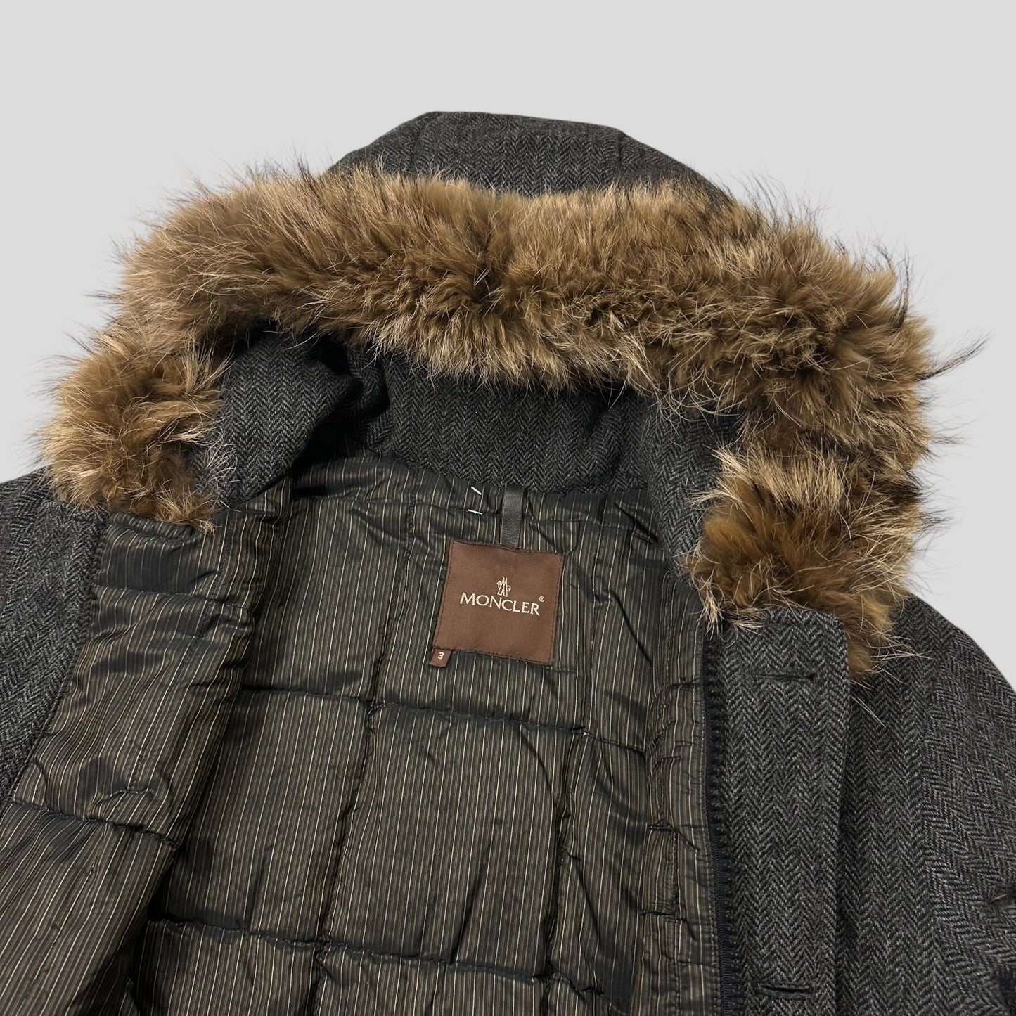 Moncler 00’s Herringbone Wool Down Detachable Fur Jacket - 3 (L)