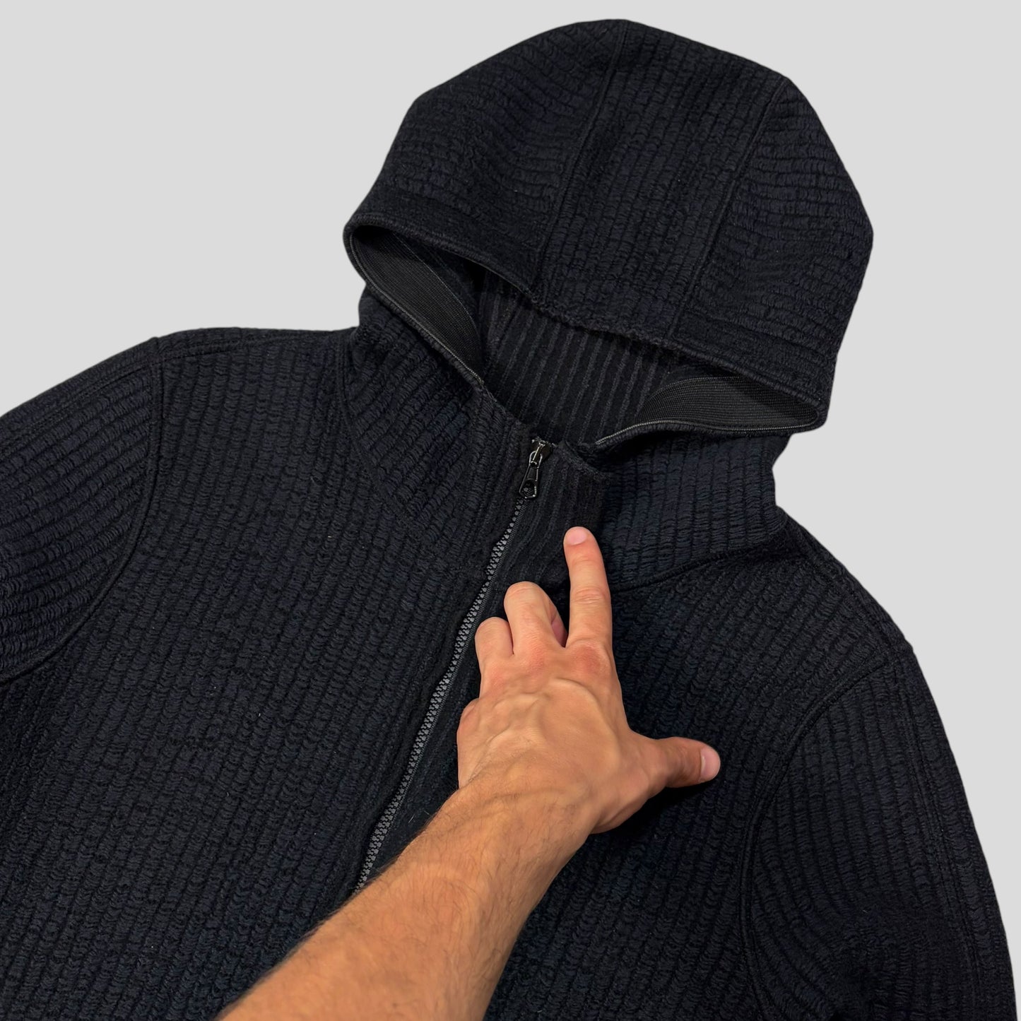 Stone Island AW04 Heavy Ribbed Knit Spellout Hoodie Jacket - M
