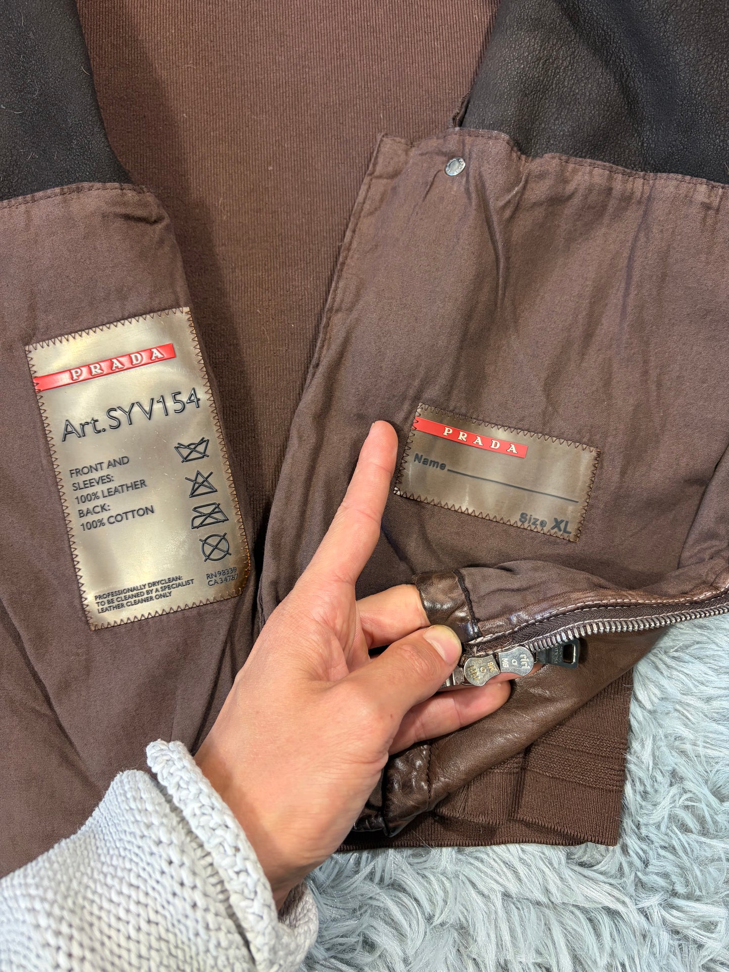Prada Sport 2004 Brown Leather + Cotton Panelled Biker Jacket - L