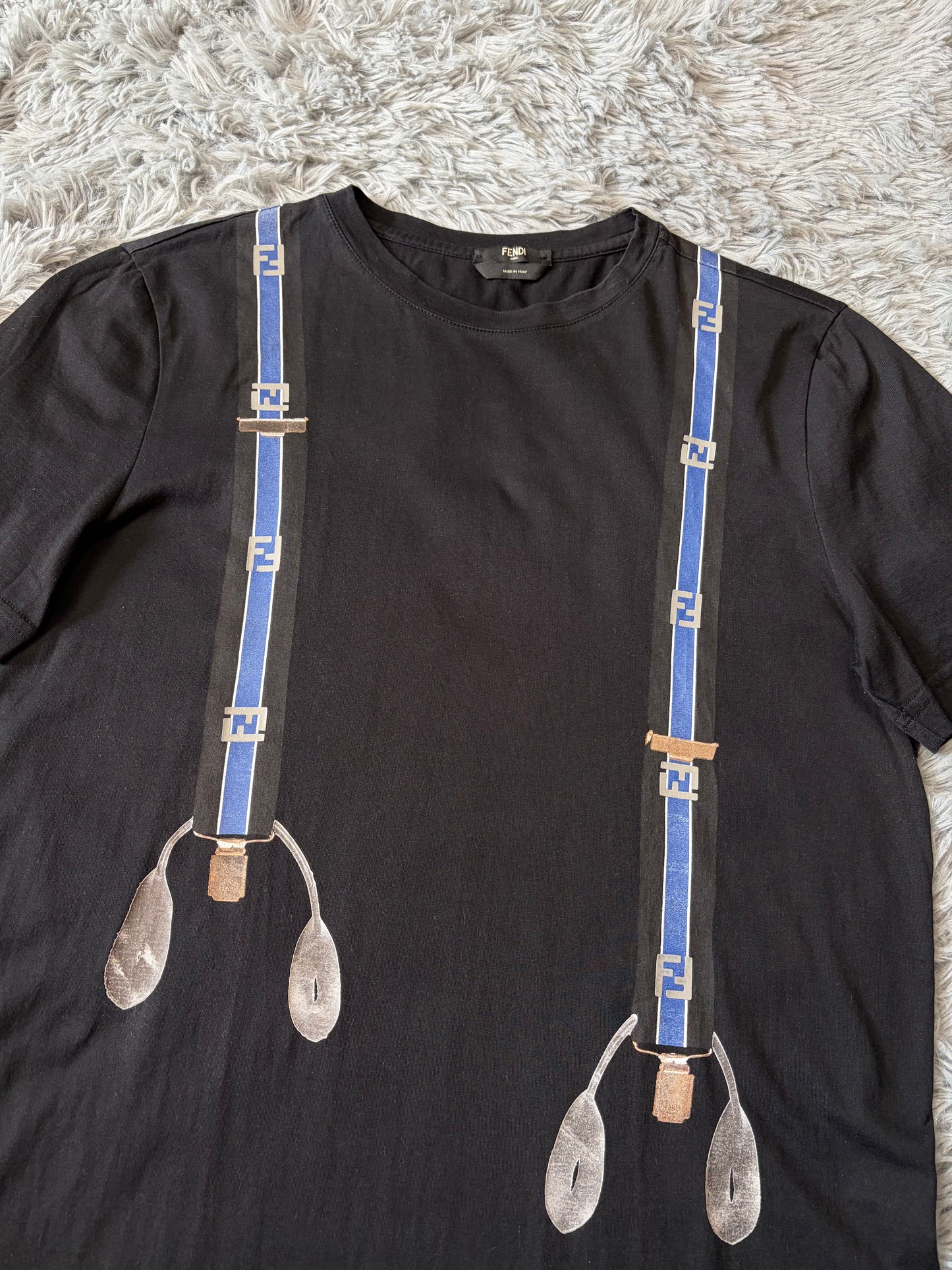 Fendi FF Zucca Roma Black Suspenders Logo T-shirt - M