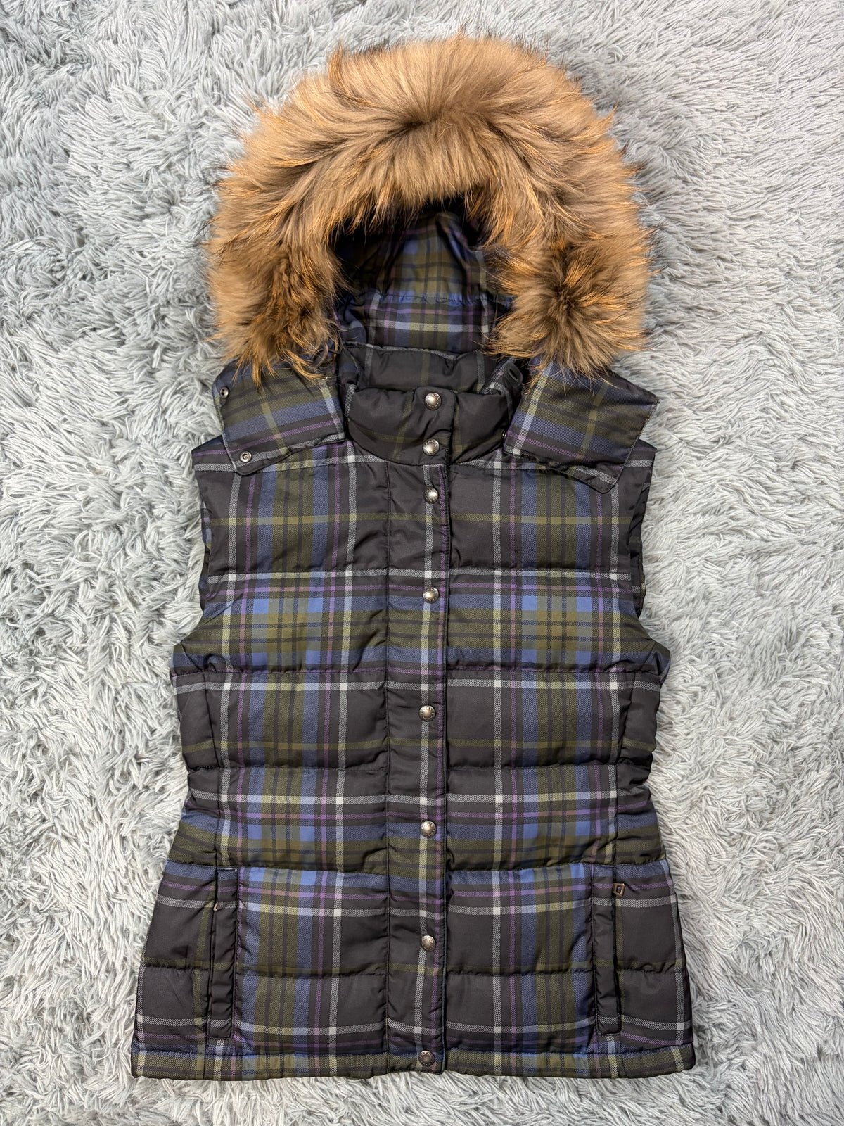 Prada Sport 2011 Shadow Plaid Raccoon Fur Nylon Puffer Gilet - M