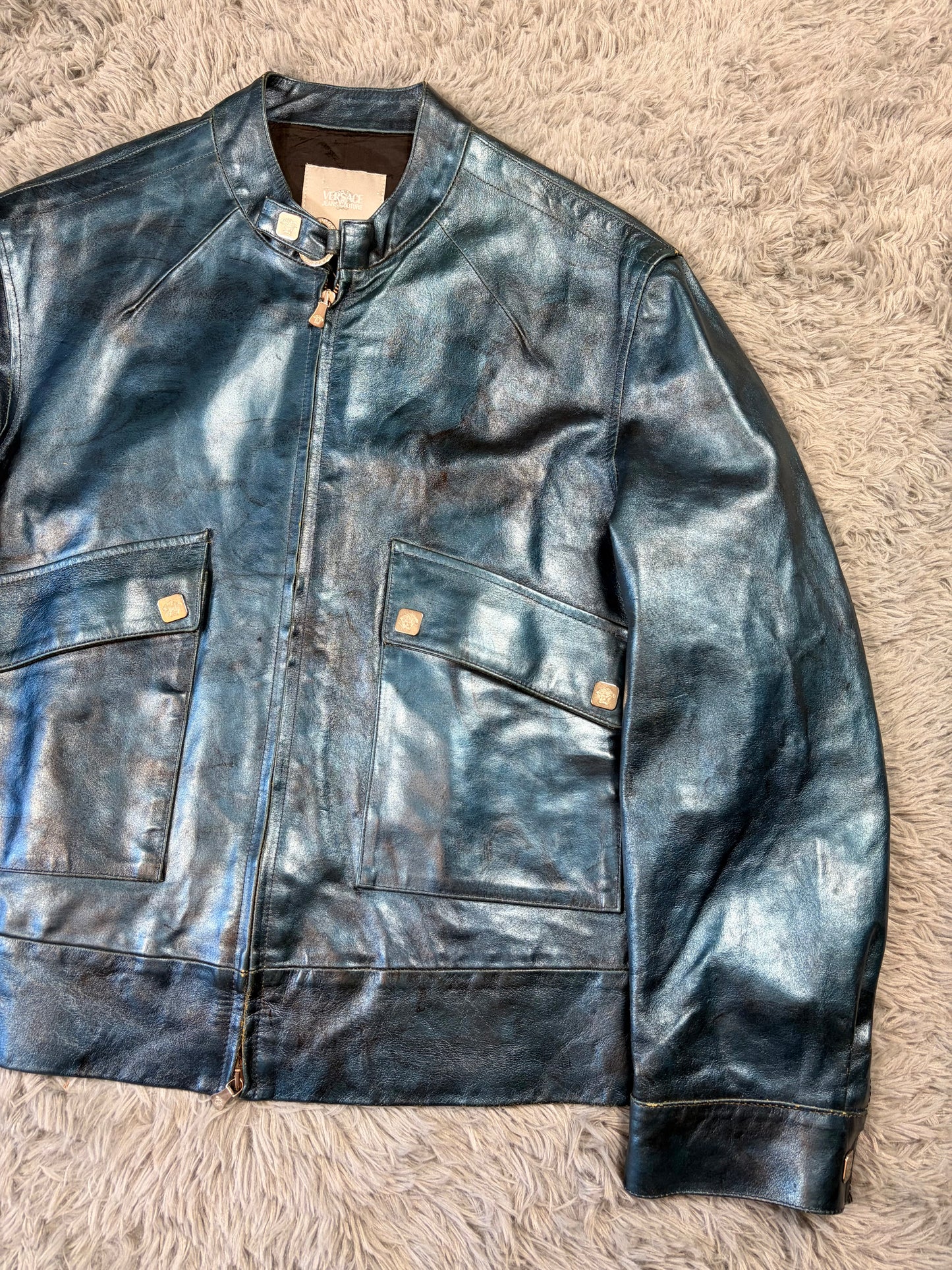 Versace VJC 00’s Blue Leather Metallic Rockstar Jacket - L