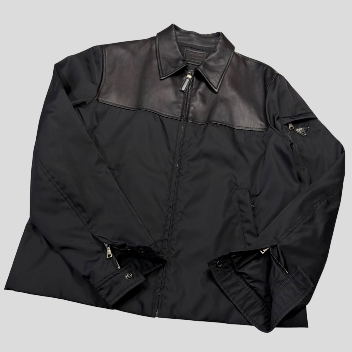 Prada 2013 Triangle Logo Gabardine Nylon & Leather Blouson Jacket - L/XL