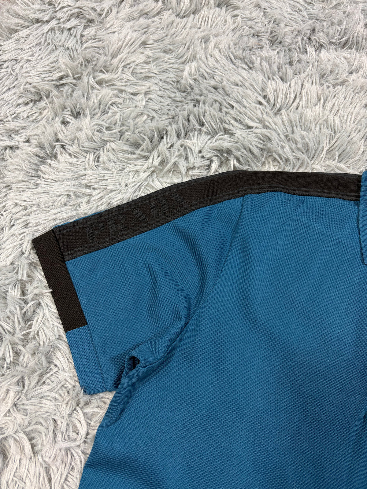 Prada 2020 Big Spellout Logo Teal Blue Taped Polo Shirt - M