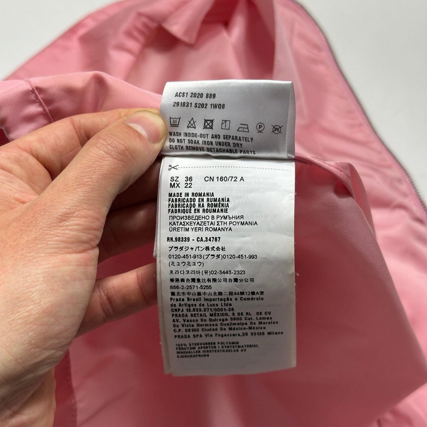 Prada 2020 Baby Pink 3D Triangle Plaque Pouch Re-Nylon Jacket - IT36 (XS-S)