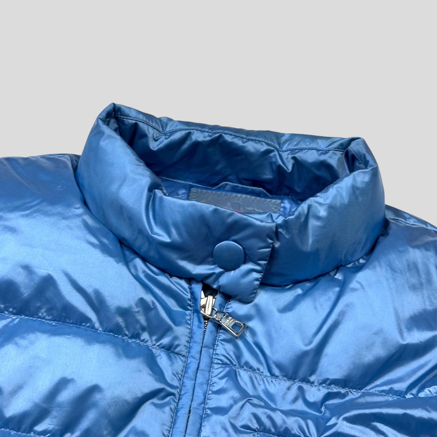 Prada Milano 2011 Satin Blue Nylon Down Logo Gilet