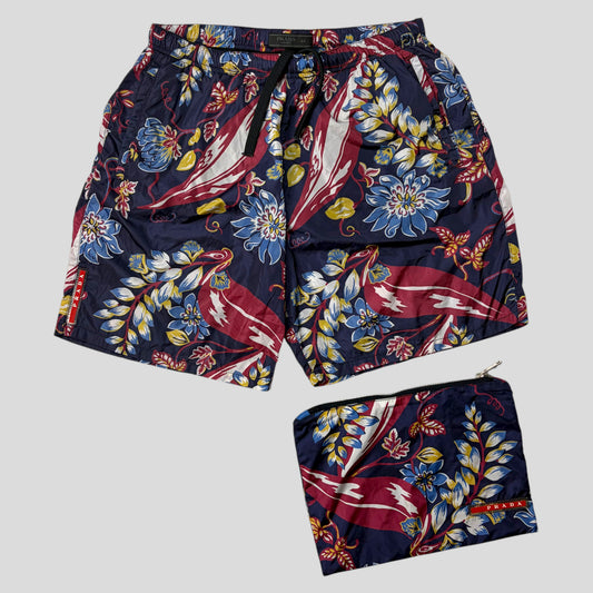 Prada 2014 Floral Nylon Red Tab Logo Shorts + Bag - IT44