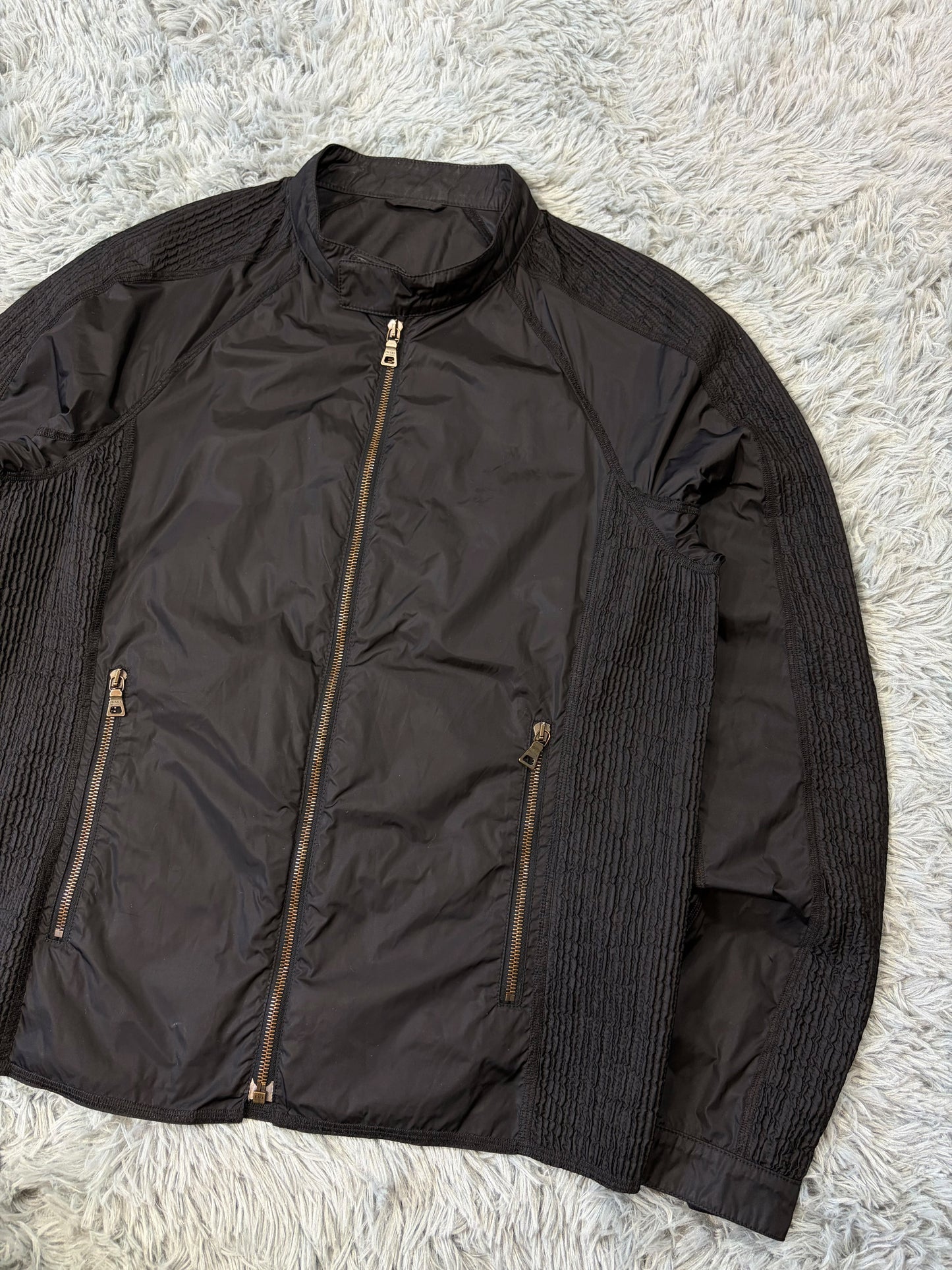 Prada Sport 2008 Pleated Black Tab Nylon Biker Jacket - M