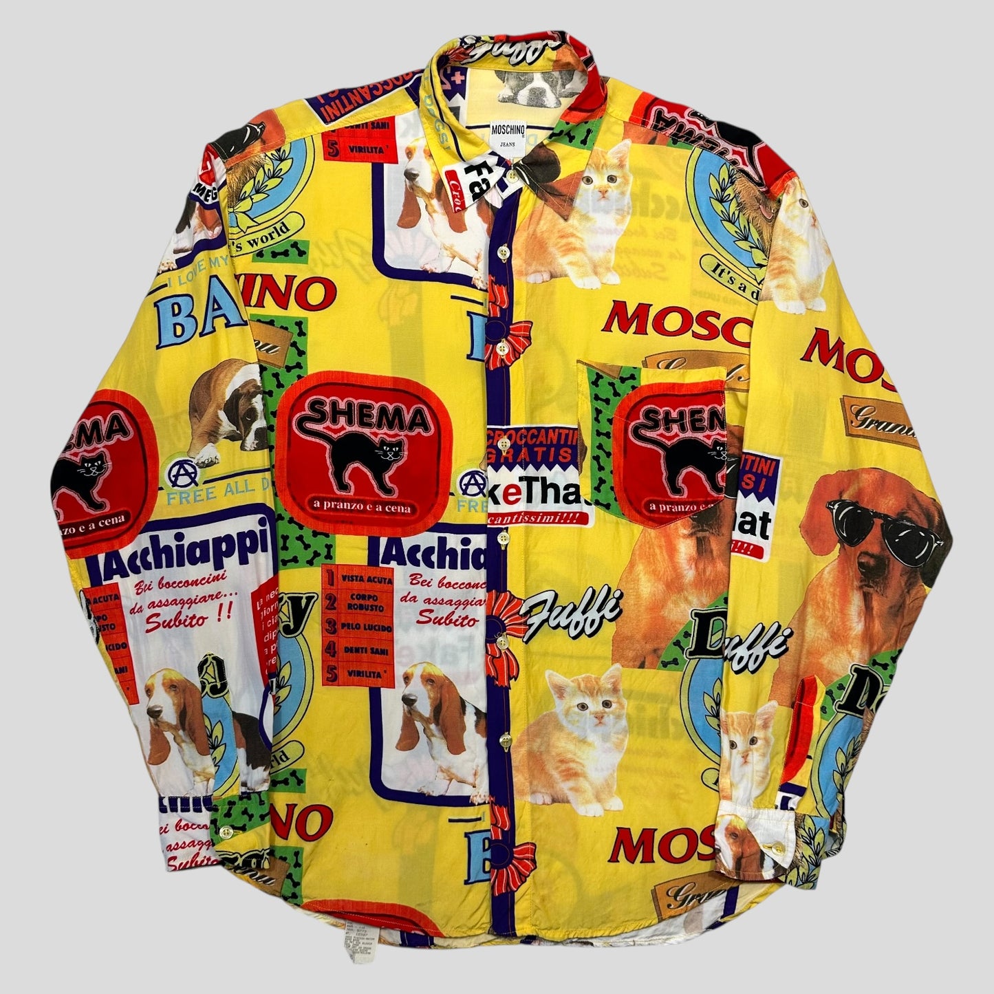 Moschino Jeans 1997 Yellow Cats and Dogs Shirt - L/XL