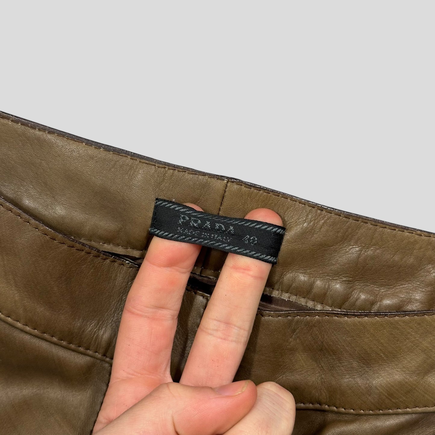 Prada Milano 00’s Khaki Brown Leather Moto Trousers - IT40