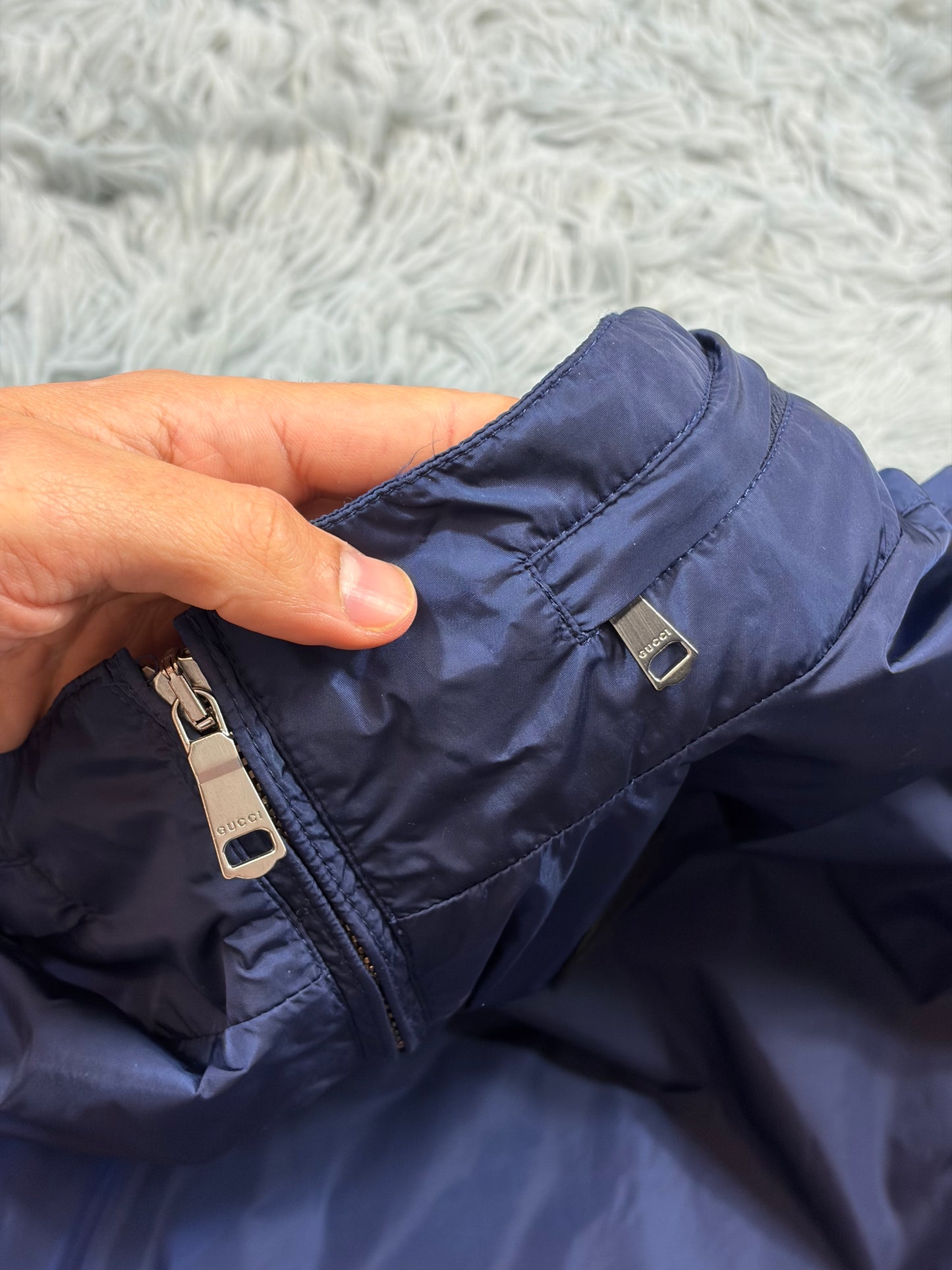 Gucci 2017 Metallic Blue Leather Crest Logo Nylon Jacket - M