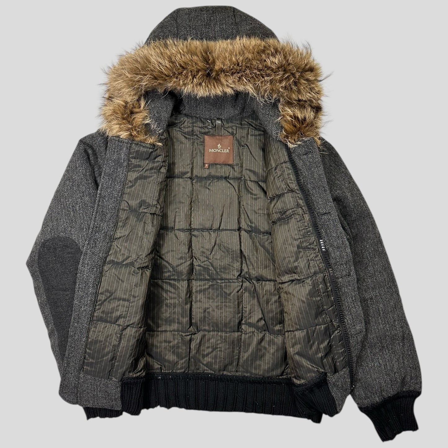Moncler 00’s Herringbone Wool Down Detachable Fur Jacket - 3 (L)